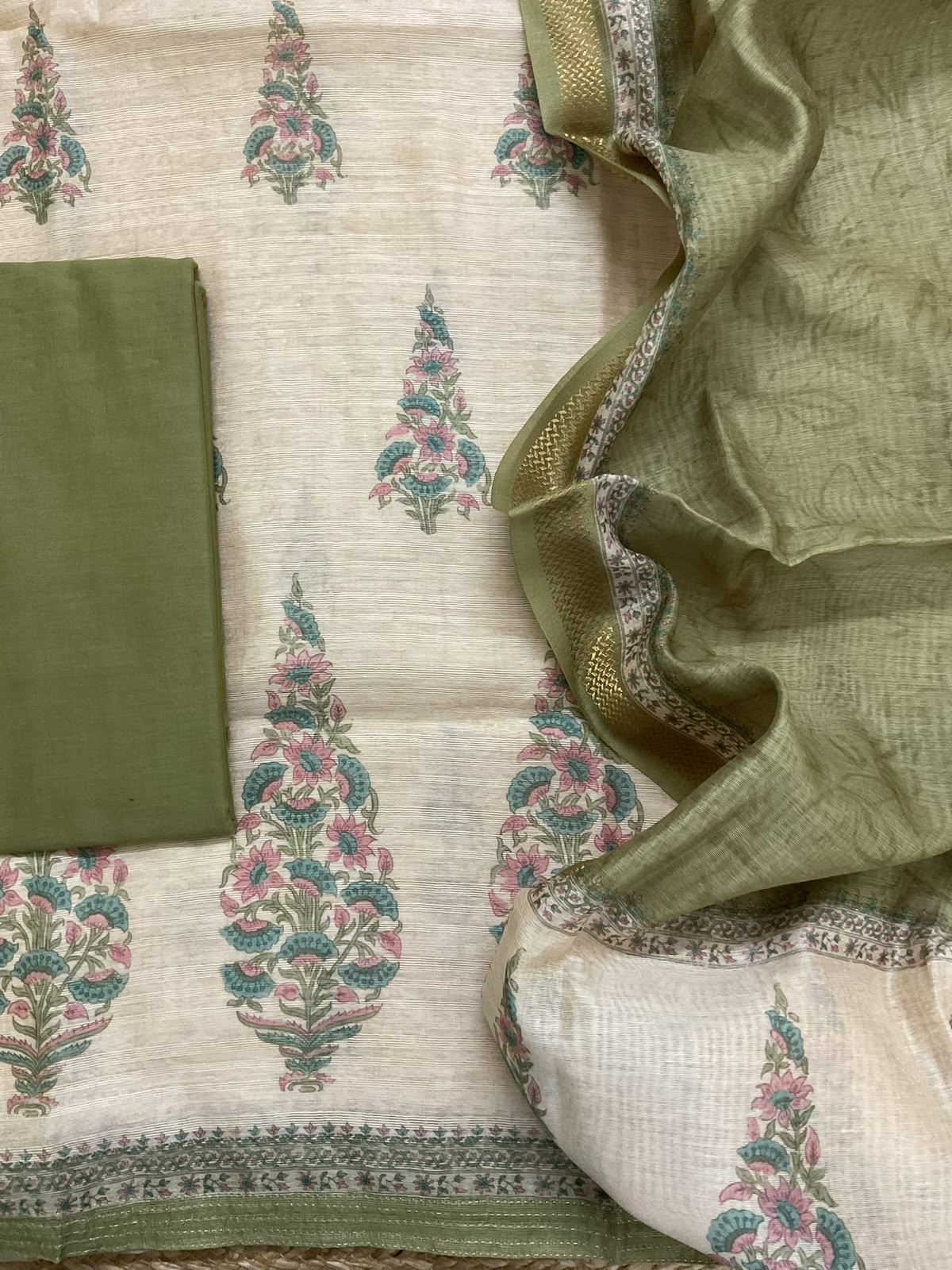 Soft Raw Silk Printed Embroidered Suit - Cream