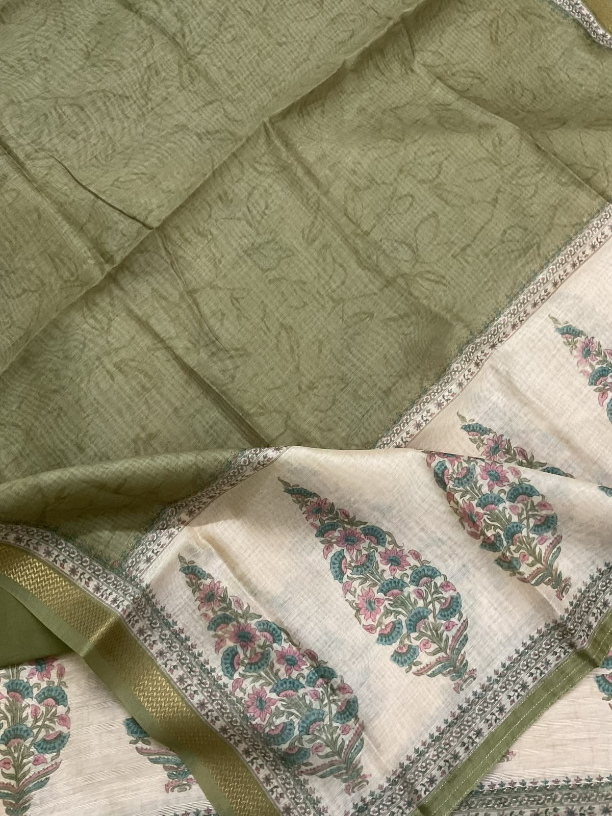 Soft Raw Silk Printed Embroidered Suit - Cream