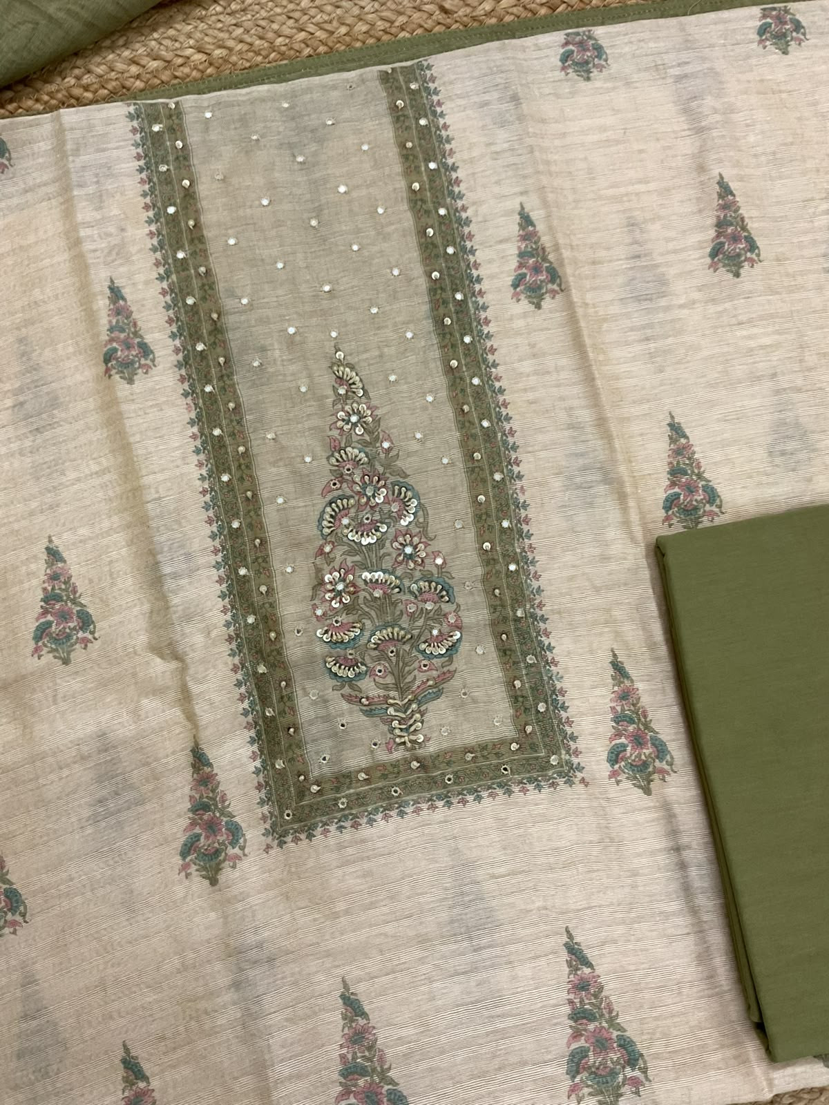 Soft Raw Silk Printed Embroidered Suit - Cream