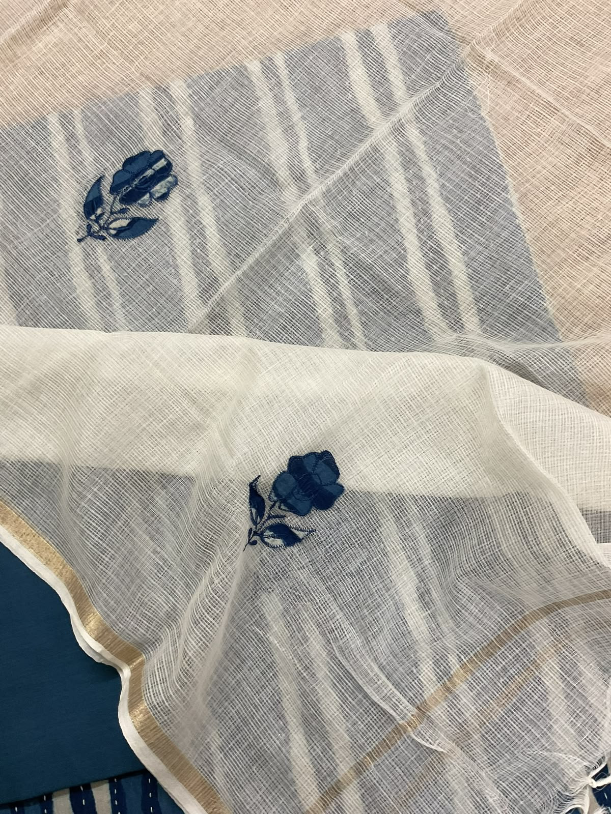 Pure Cotton Printed Embroidered Suit - Blue