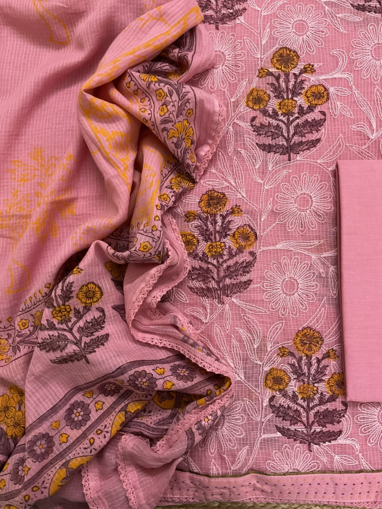 Image of Pure Kota Cotton Printed Embroidered Suit - Pink