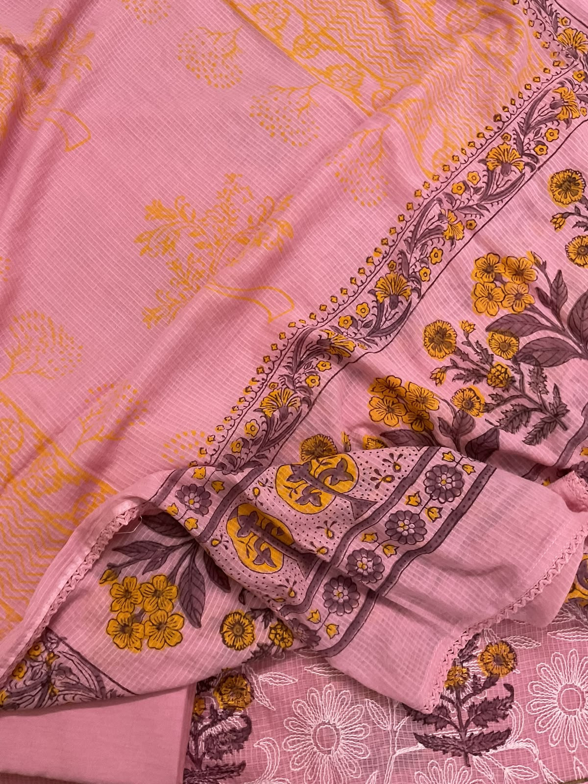 Pure Kota Cotton Printed Embroidered Suit - Pink