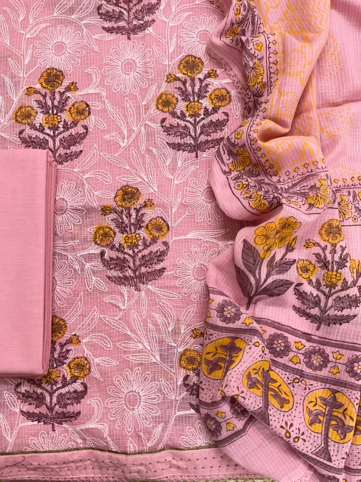 Pure Kota Cotton Printed Embroidered Suit - Pink