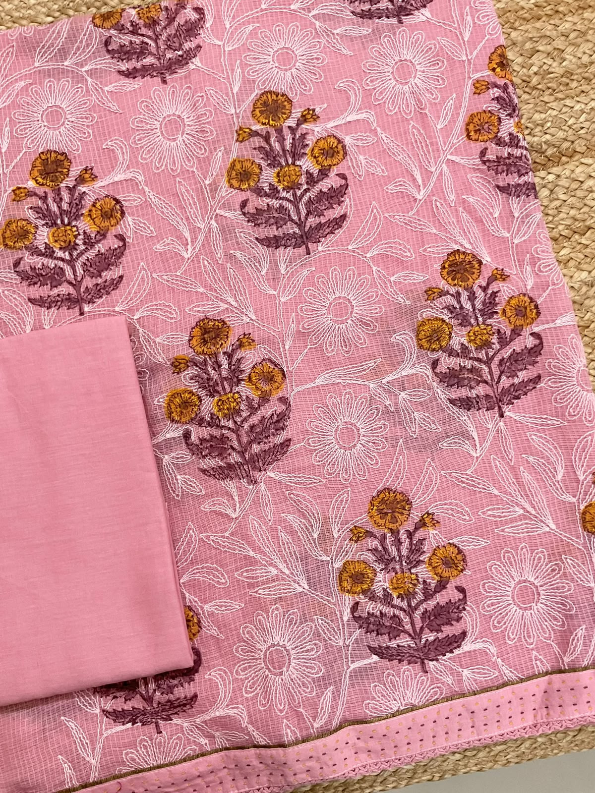 Pure Kota Cotton Printed Embroidered Suit - Pink