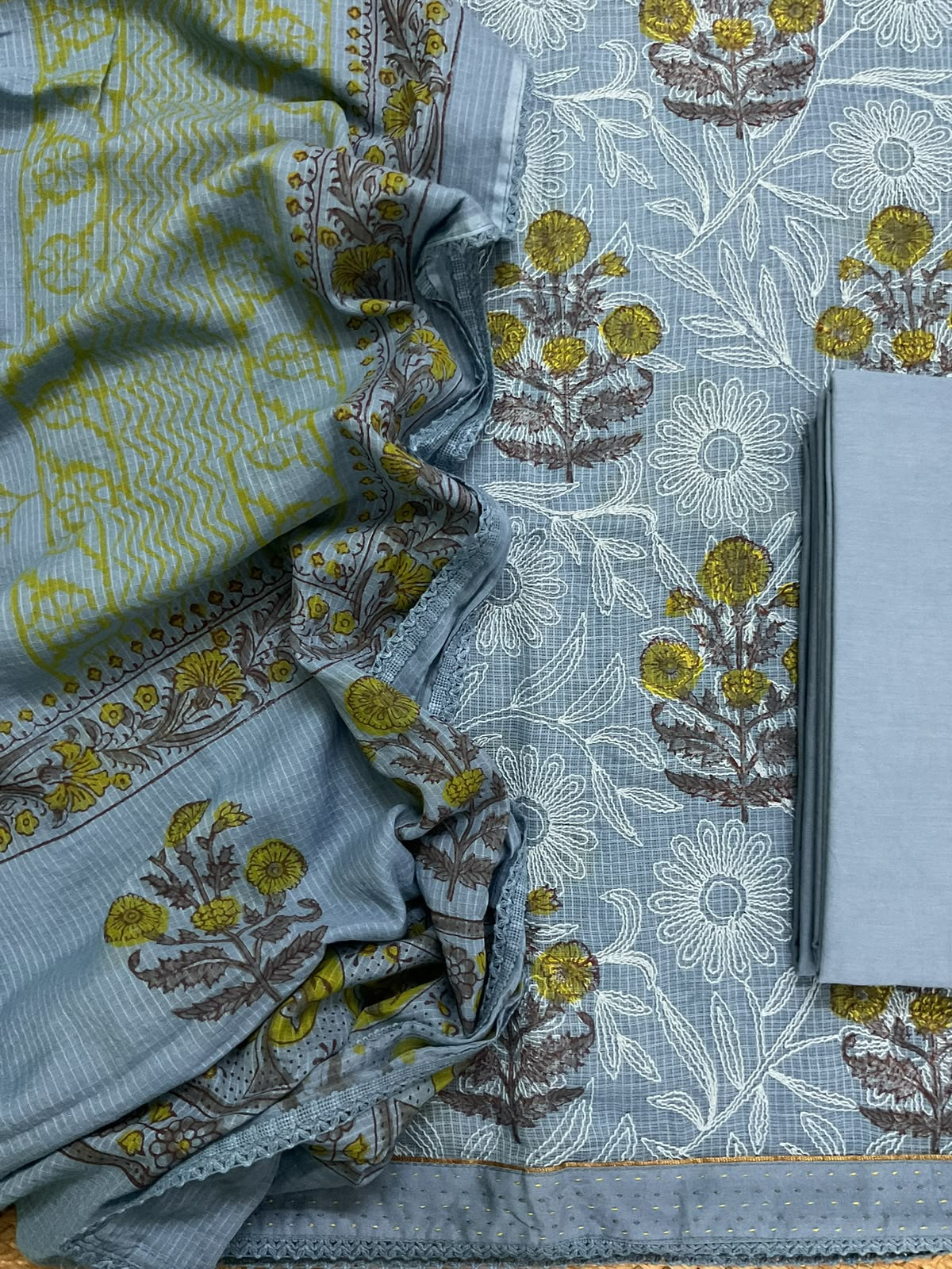 Pure Kota Cotton Printed Embroidered Suit - Blue
