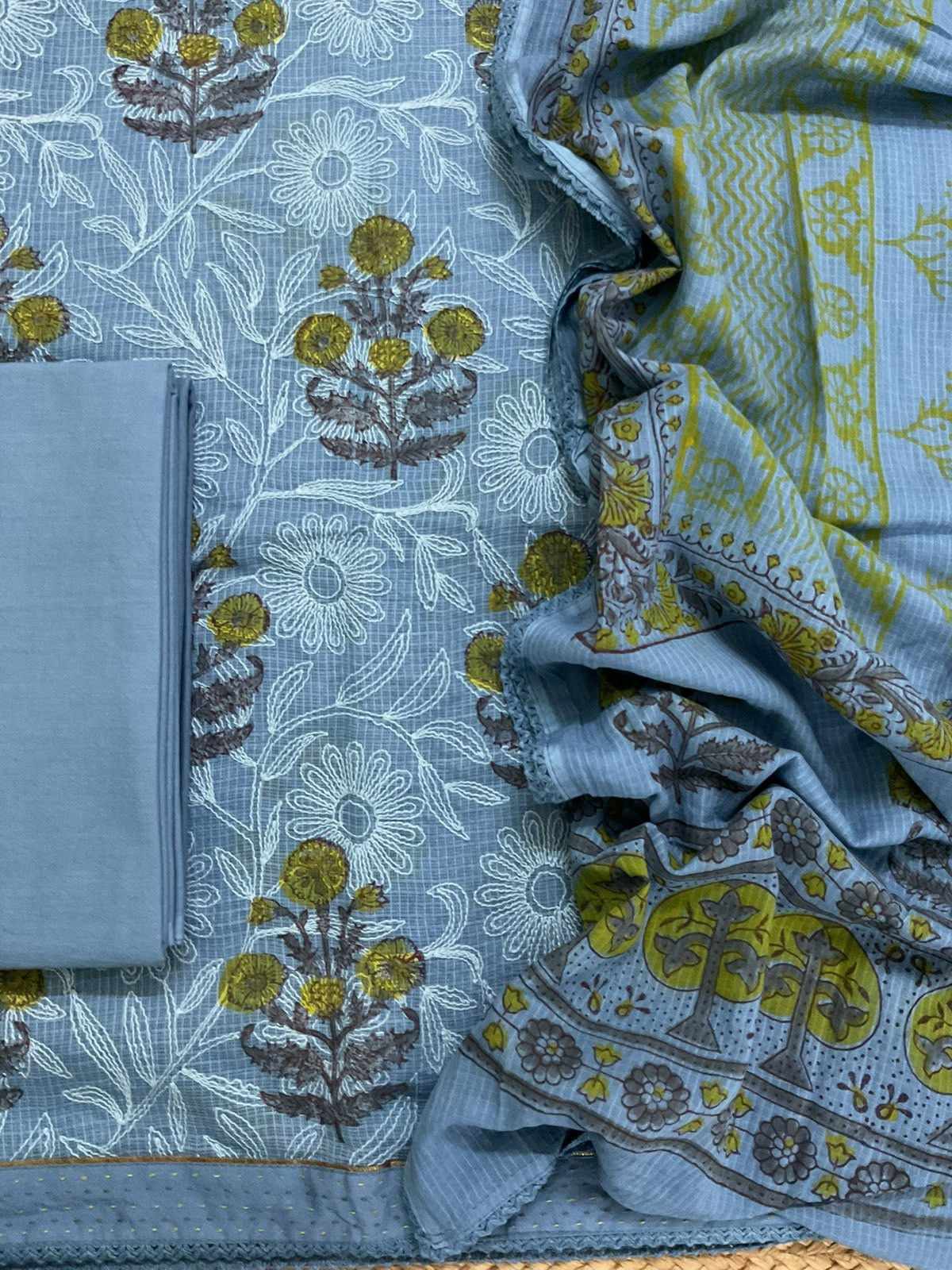 Pure Kota Cotton Printed Embroidered Suit - Blue