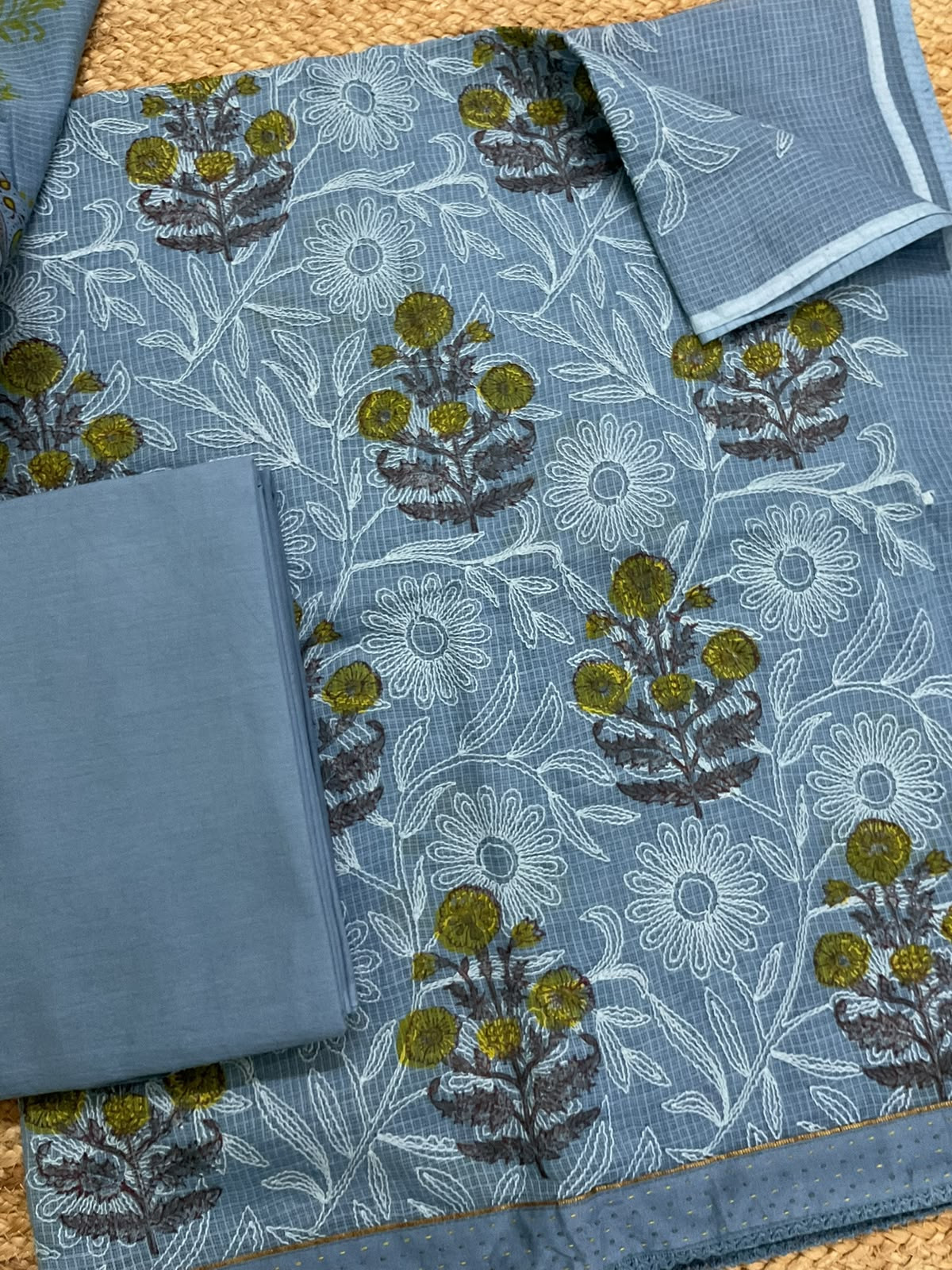 Pure Kota Cotton Printed Embroidered Suit - Blue