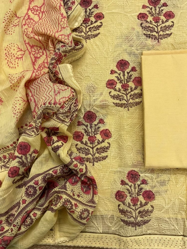 Image of Pure Kota Cotton Printed Embroidered Suit - Yellow