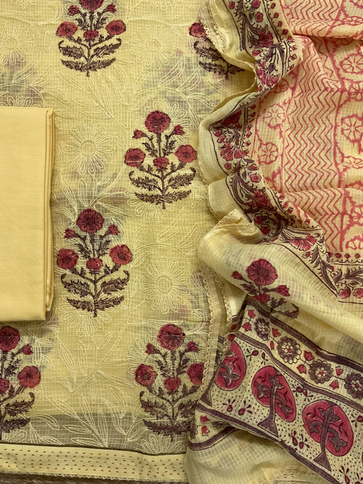 Pure Kota Cotton Printed Embroidered Suit - Yellow