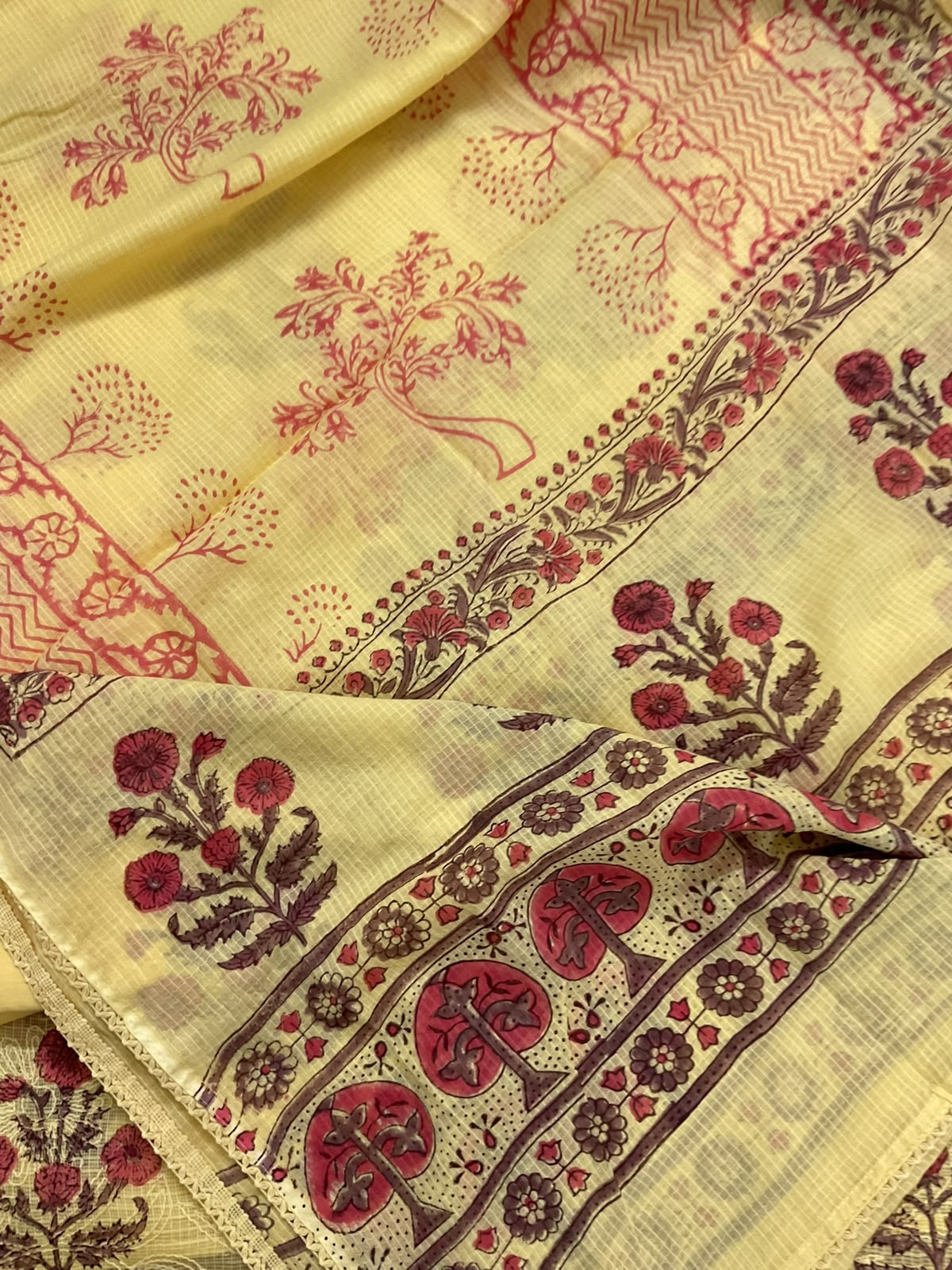 Pure Kota Cotton Printed Embroidered Suit - Yellow