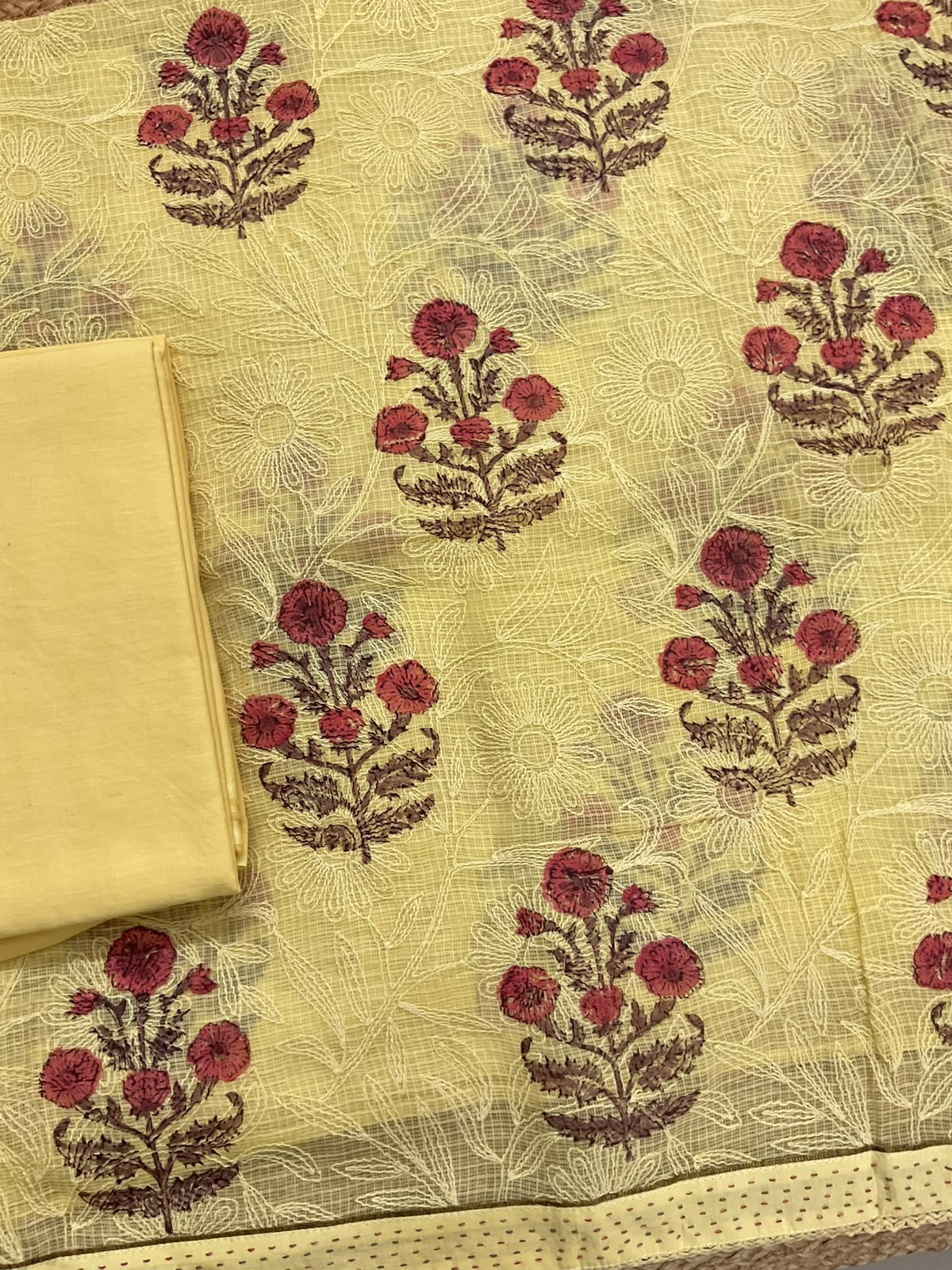 Pure Kota Cotton Printed Embroidered Suit - Yellow
