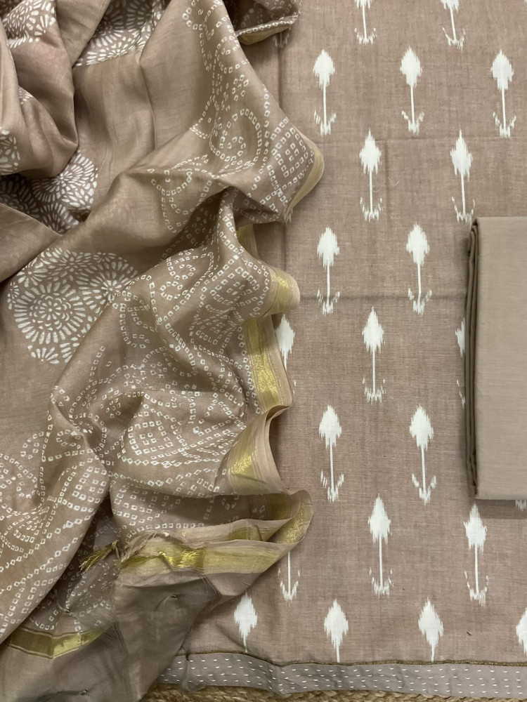 Image of Pure Fine Ikkat Cotton Self Weaved Printed Suit - Brown