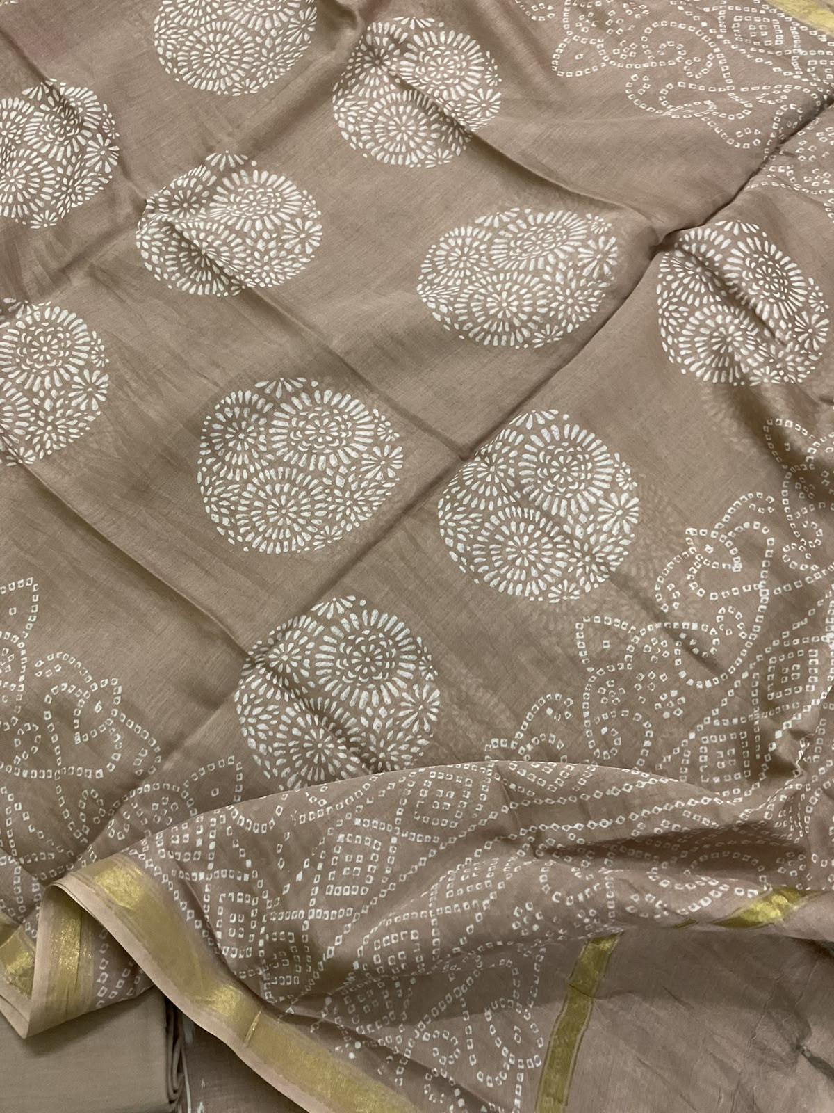 Pure Fine Ikkat Cotton Self Weaved Printed Suit - Brown