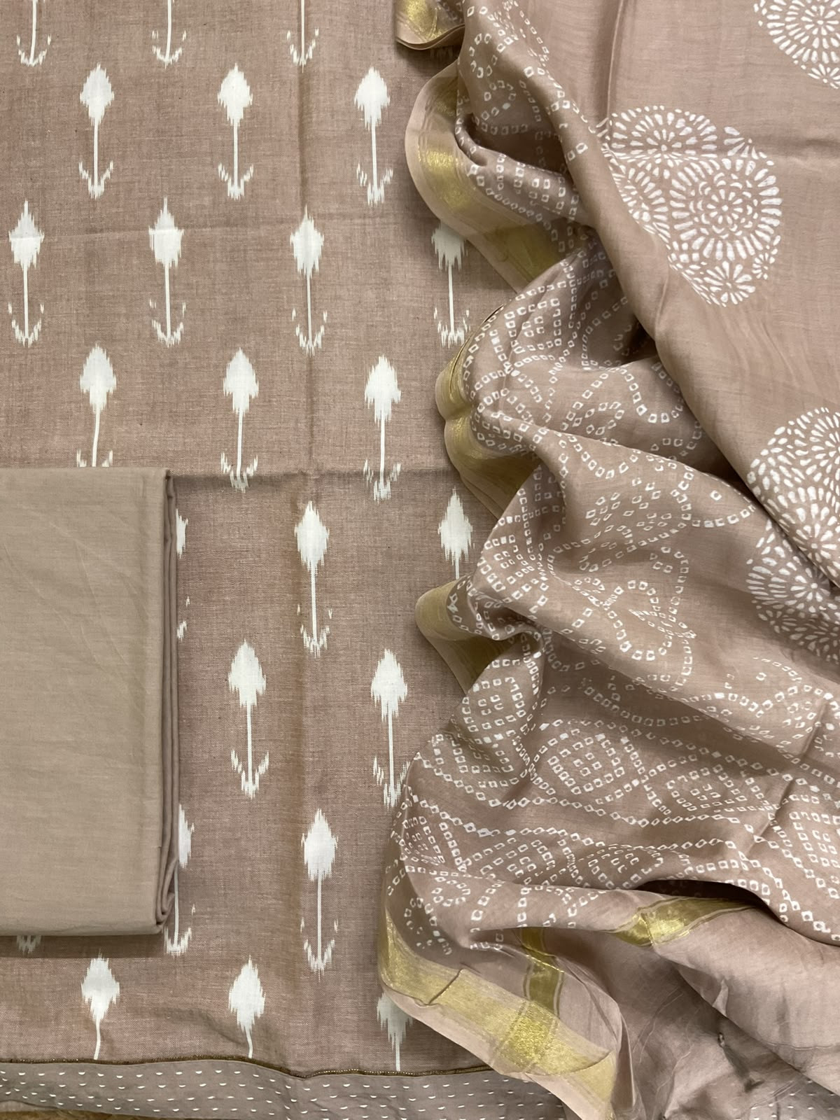 Pure Fine Ikkat Cotton Self Weaved Printed Suit - Brown