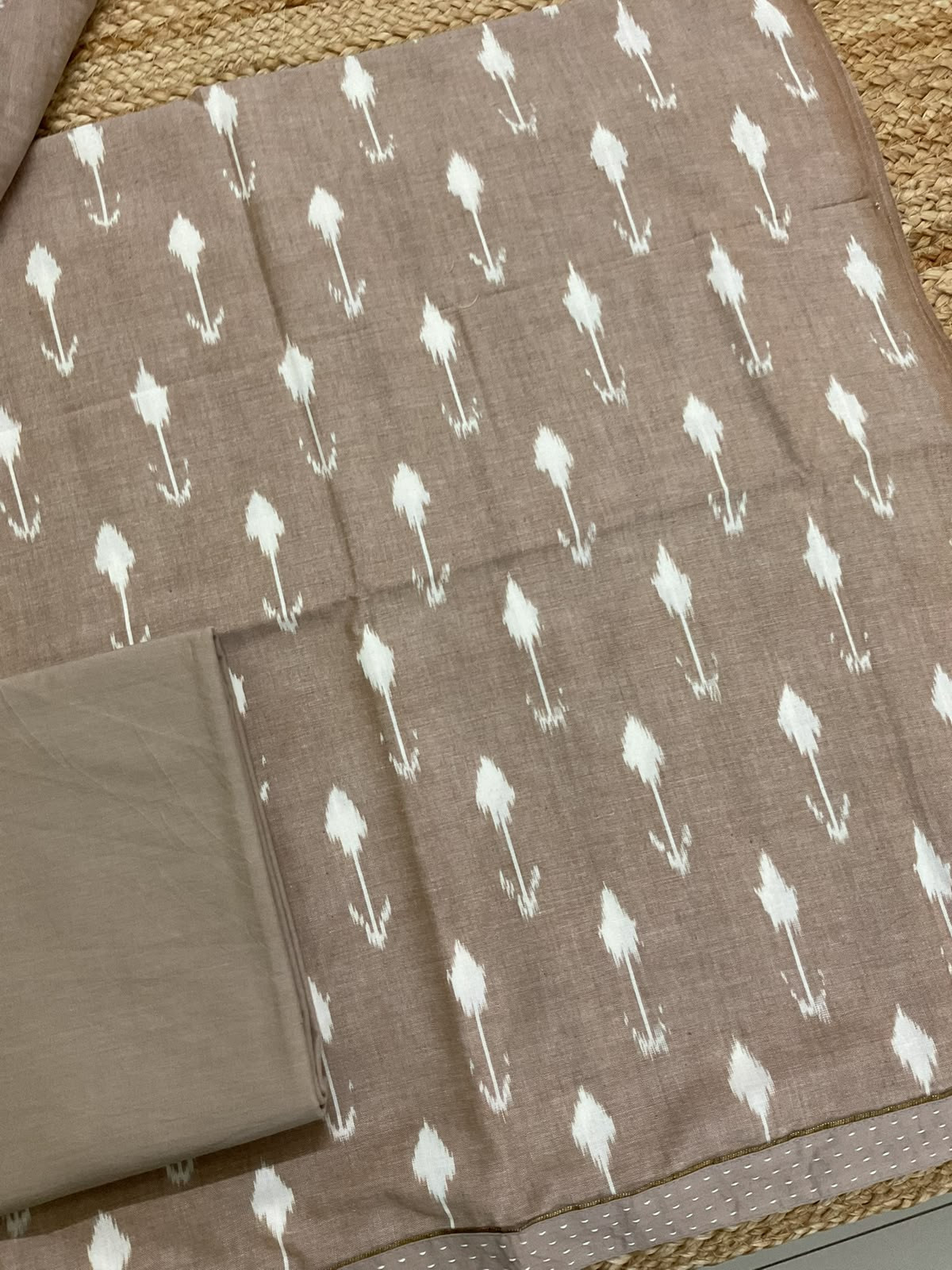 Pure Fine Ikkat Cotton Self Weaved Printed Suit - Brown