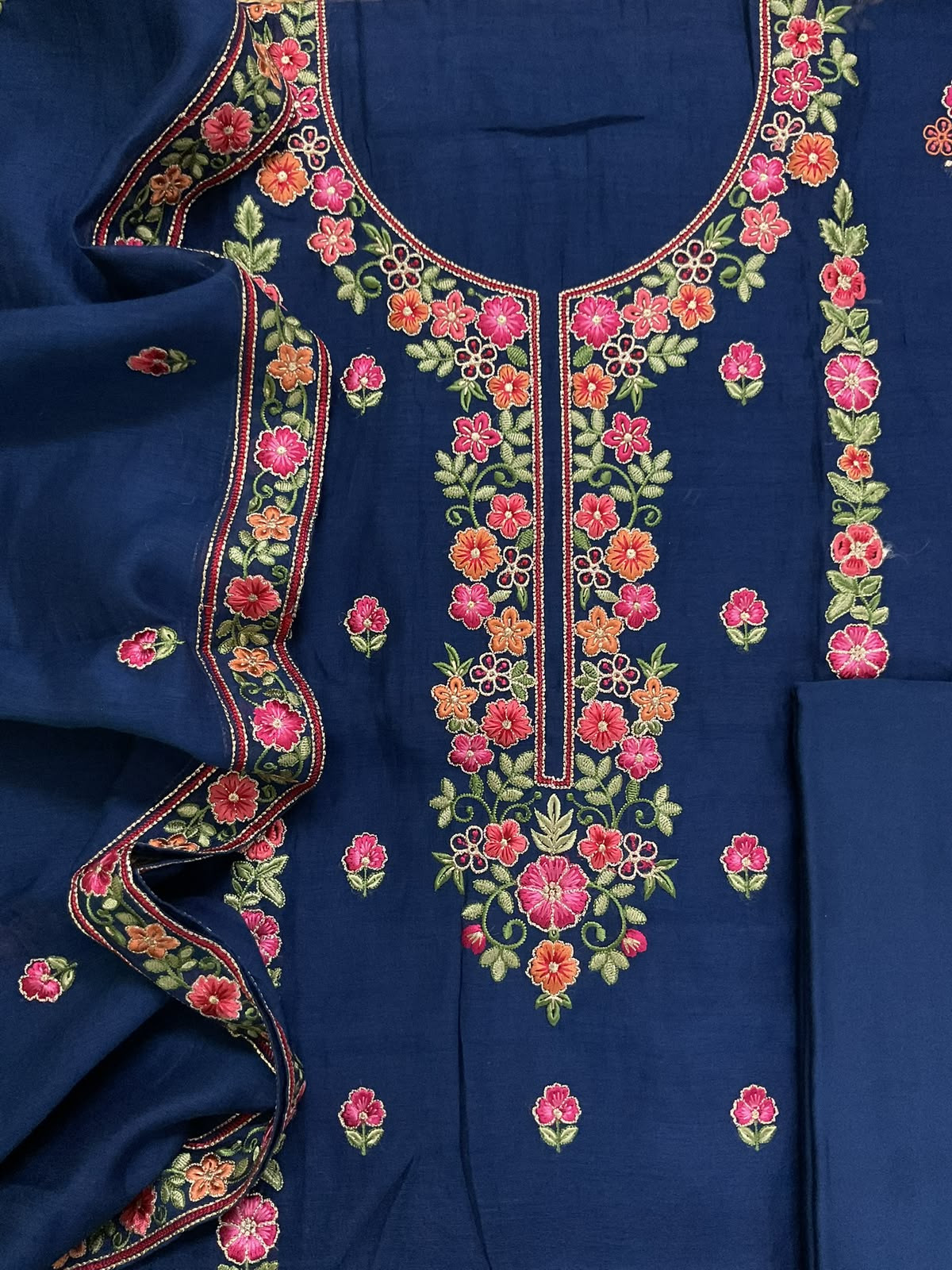 Pure Mul Chanderi Printed Embroidered Suit - Blue