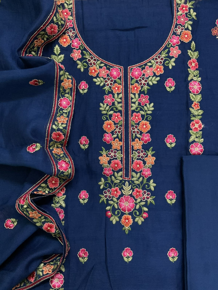 Image of Pure Mul Chanderi Printed Embroidered Suit - Blue