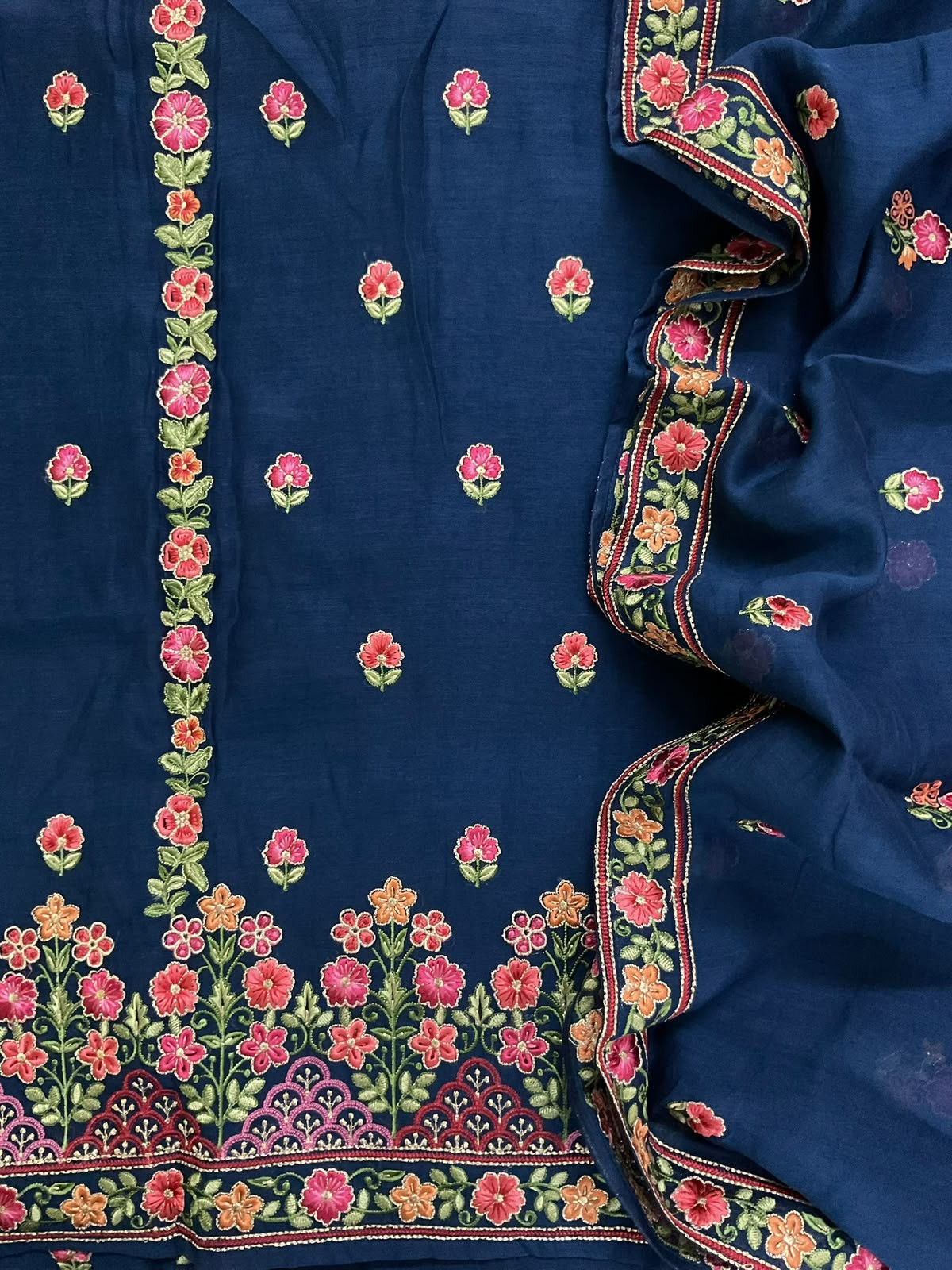 Pure Mul Chanderi Printed Embroidered Suit - Blue