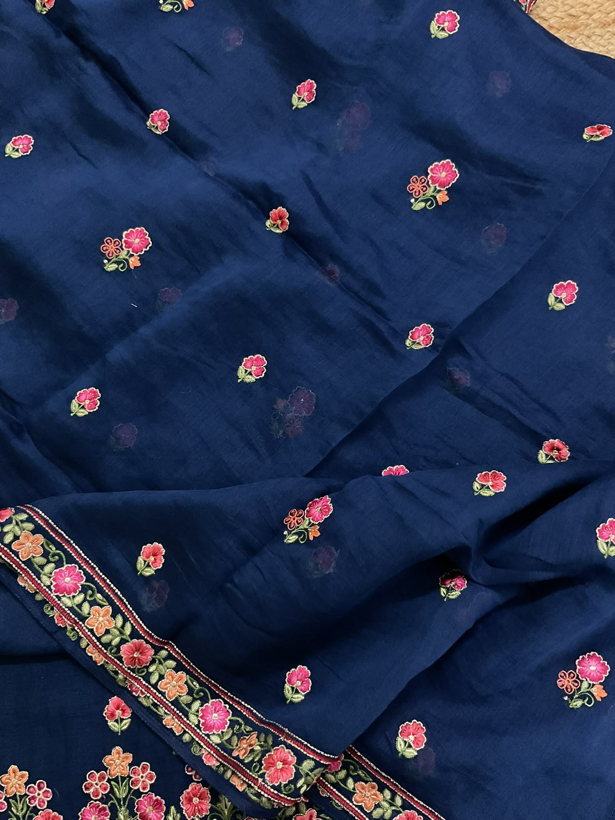 Pure Mul Chanderi Printed Embroidered Suit - Blue