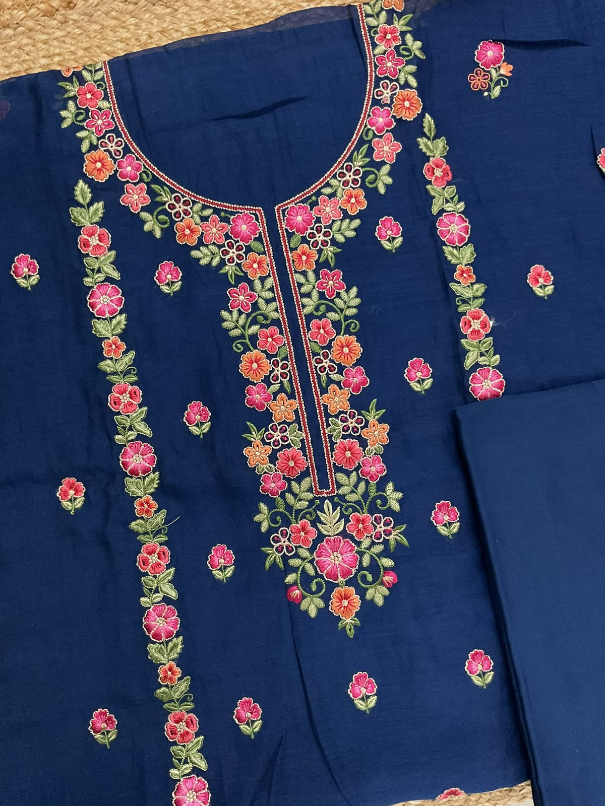 Pure Mul Chanderi Printed Embroidered Suit - Blue