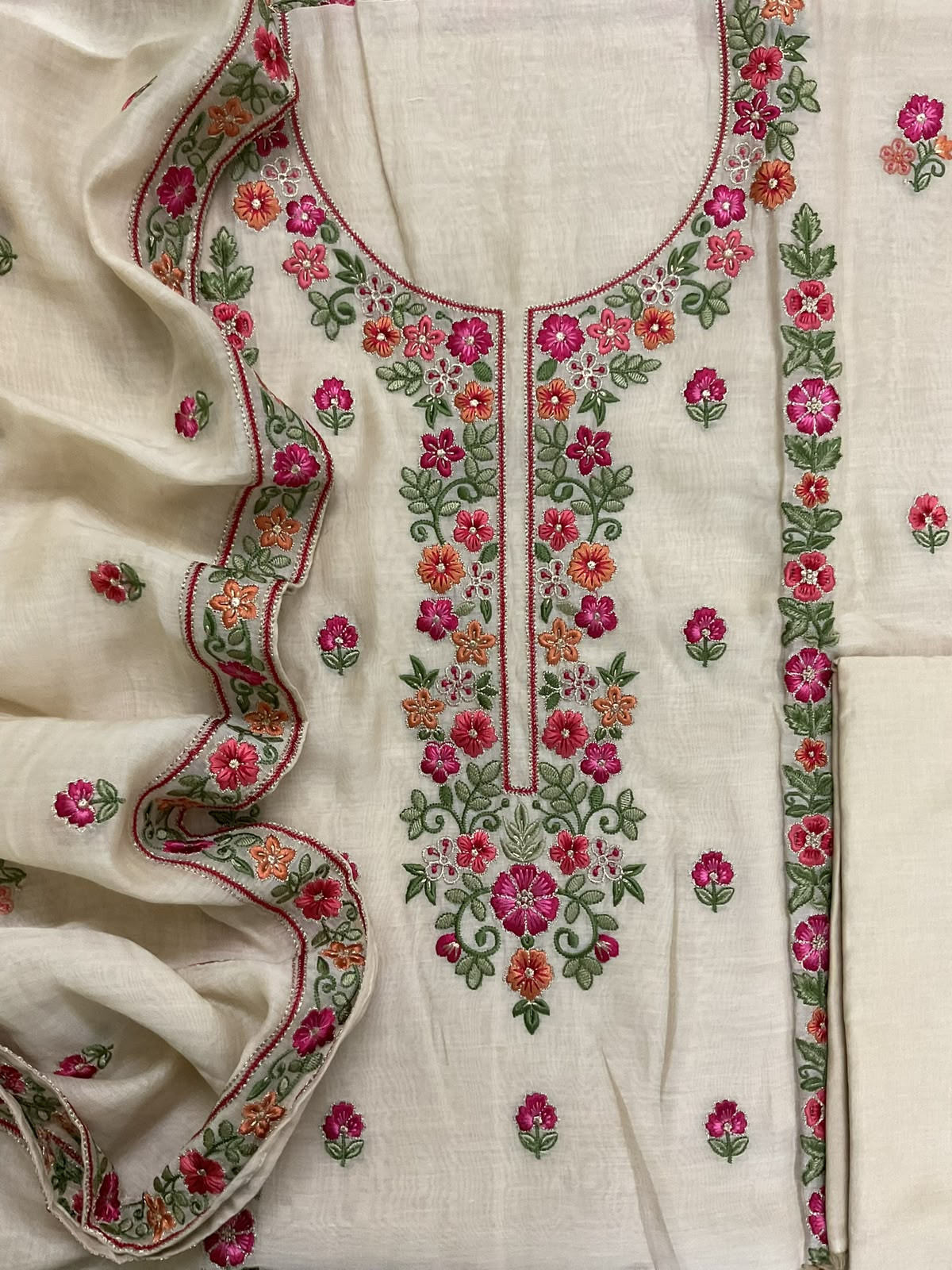 Pure Mul Chanderi Printed Embroidered Suit - Cream