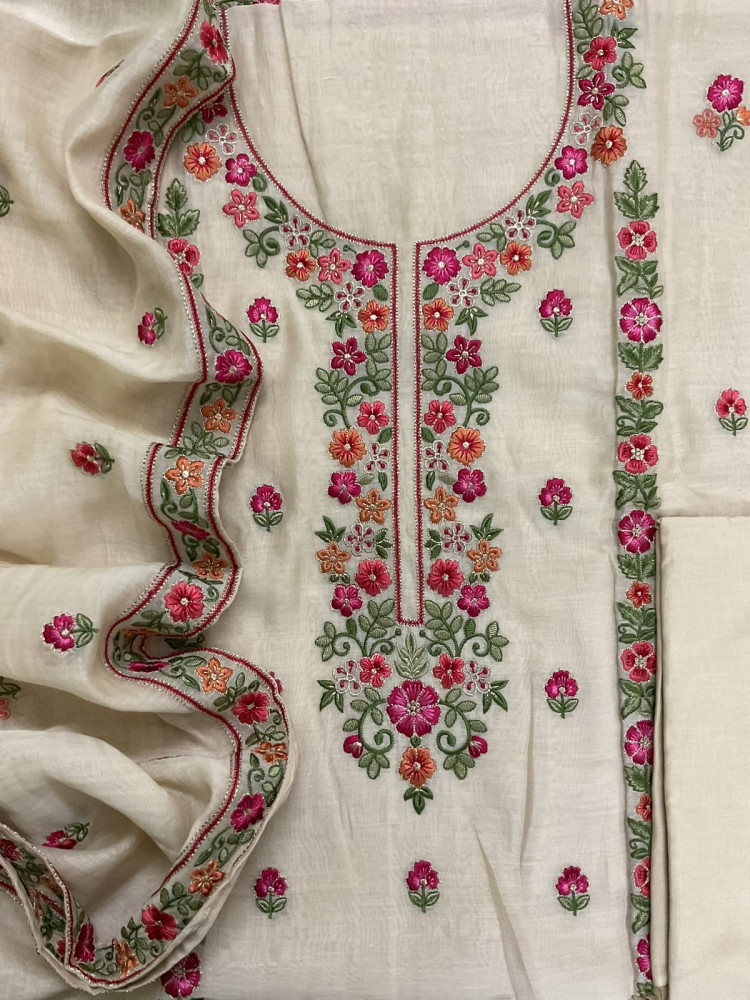 Image of Pure Mul Chanderi Printed Embroidered Suit - Cream