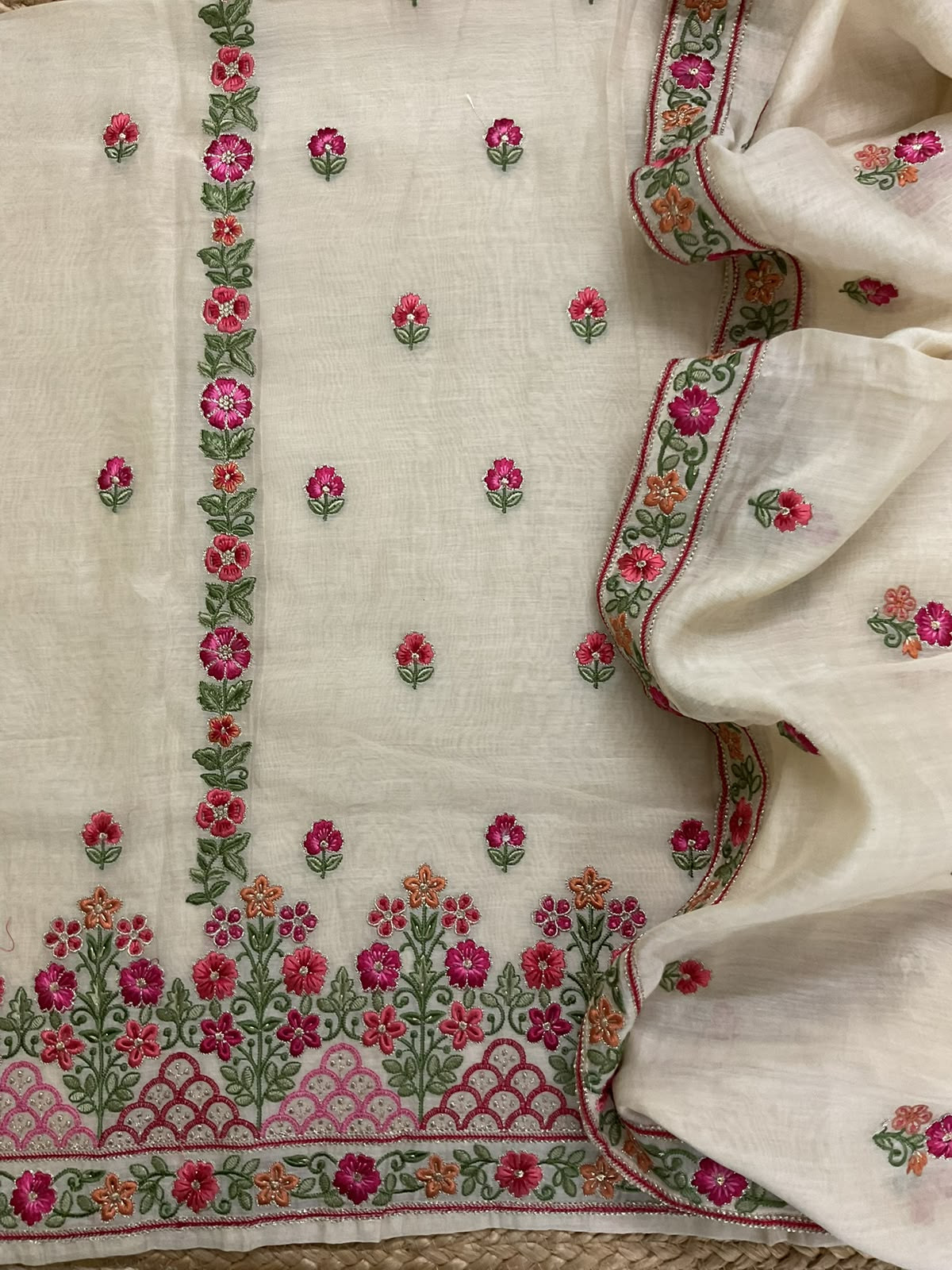 Pure Mul Chanderi Printed Embroidered Suit - Cream
