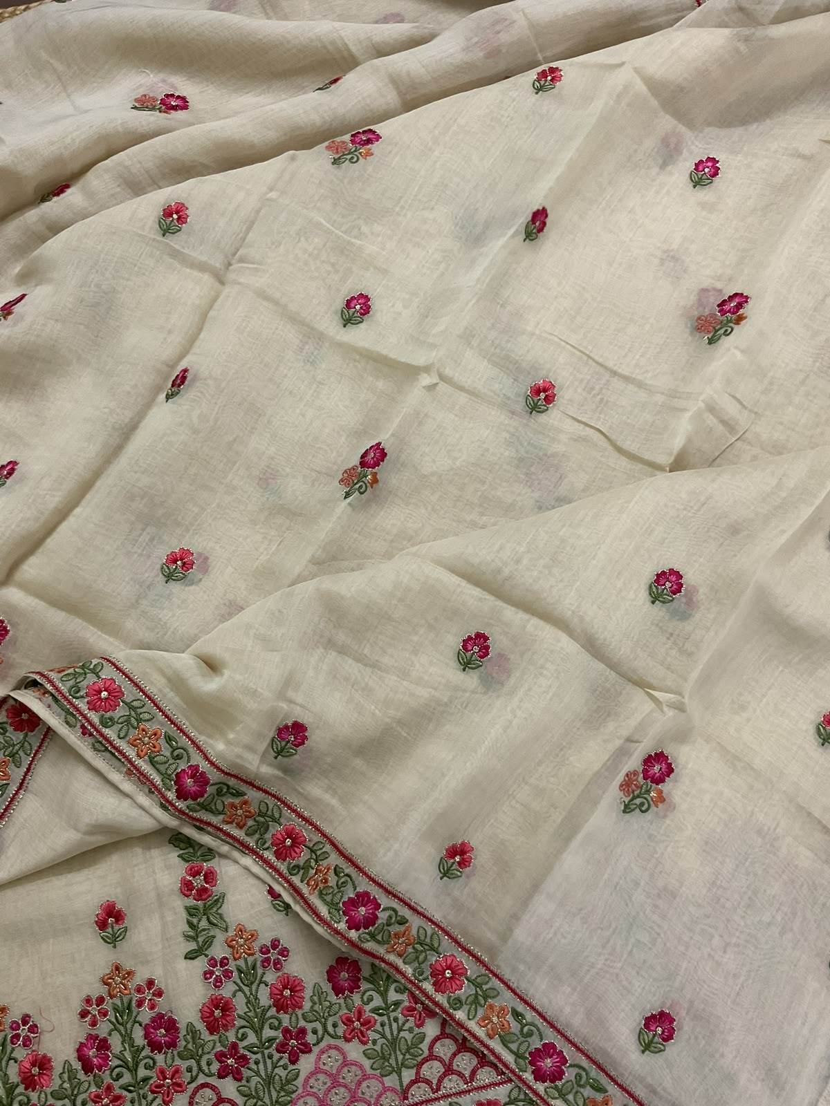 Pure Mul Chanderi Printed Embroidered Suit - Cream