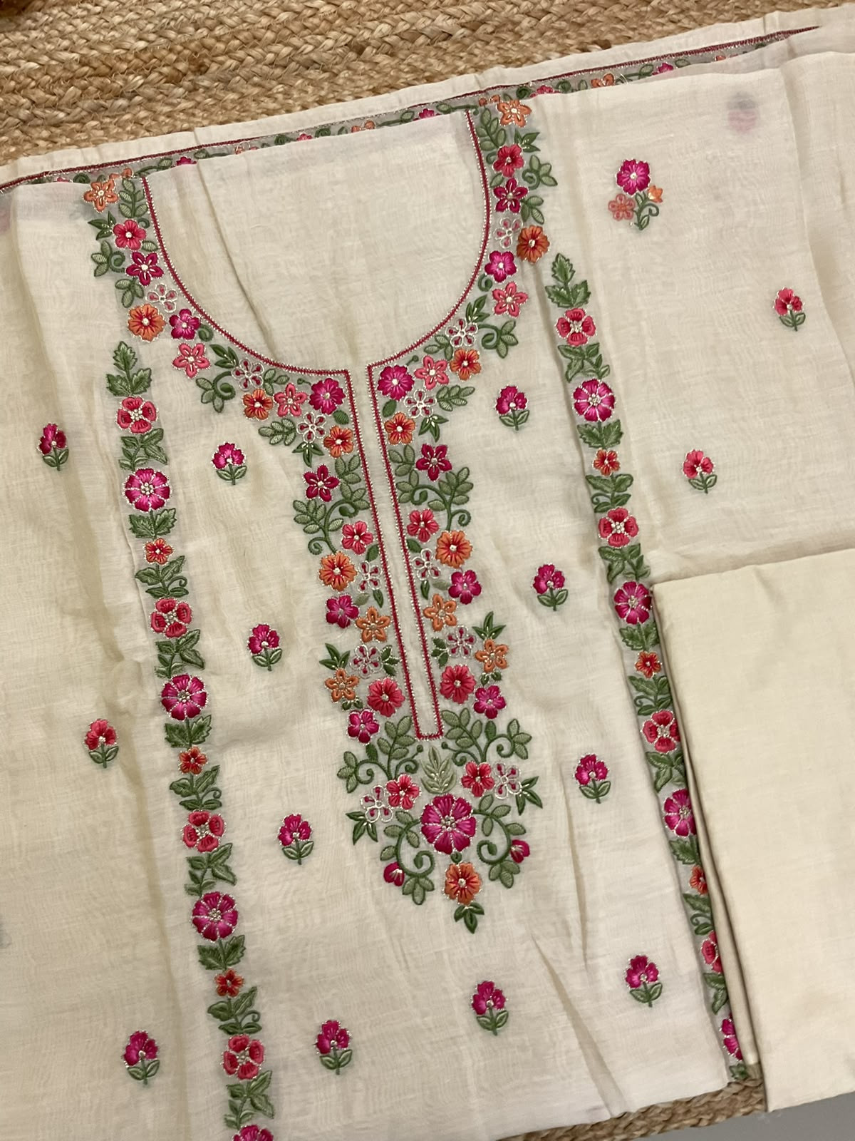 Pure Mul Chanderi Printed Embroidered Suit - Cream