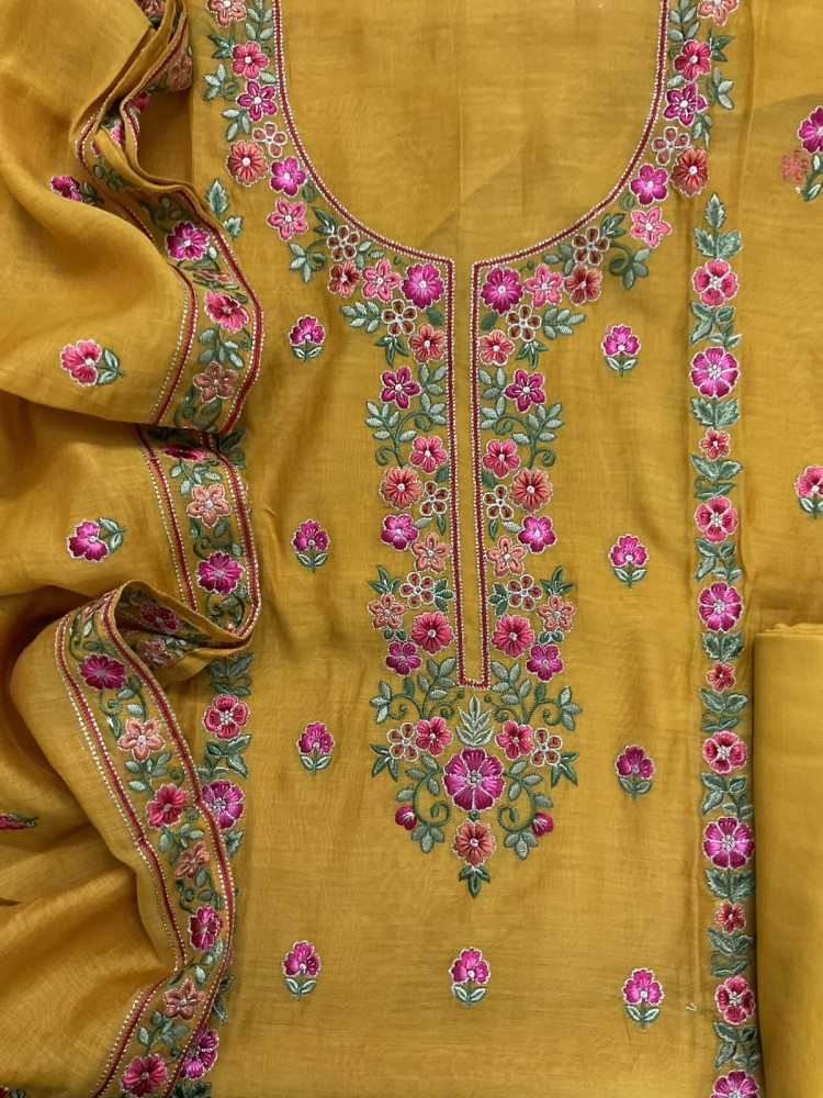 Image of Pure Mul Chanderi Printed Embroidered Suit - Yellow