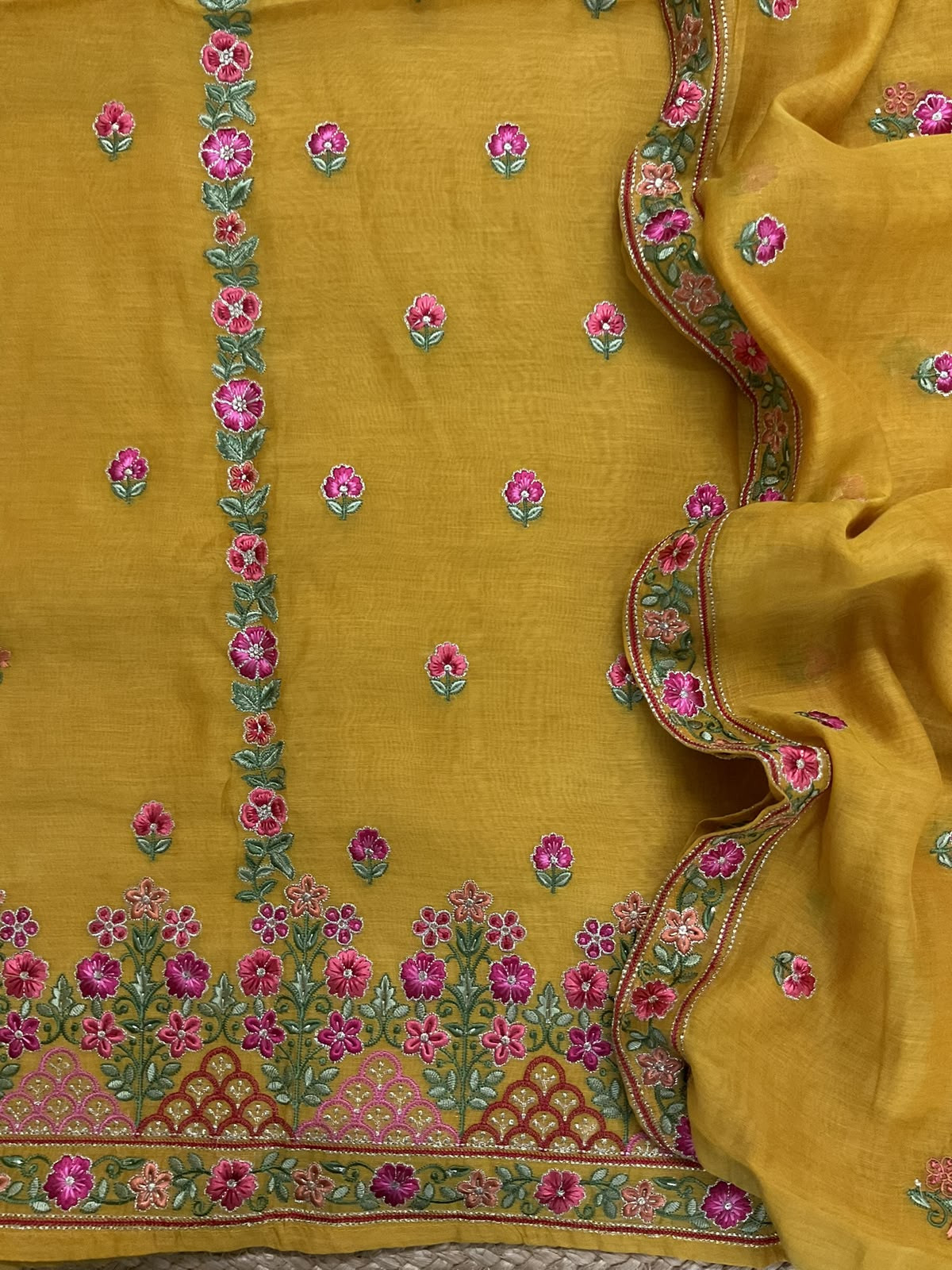 Pure Mul Chanderi Printed Embroidered Suit - Yellow