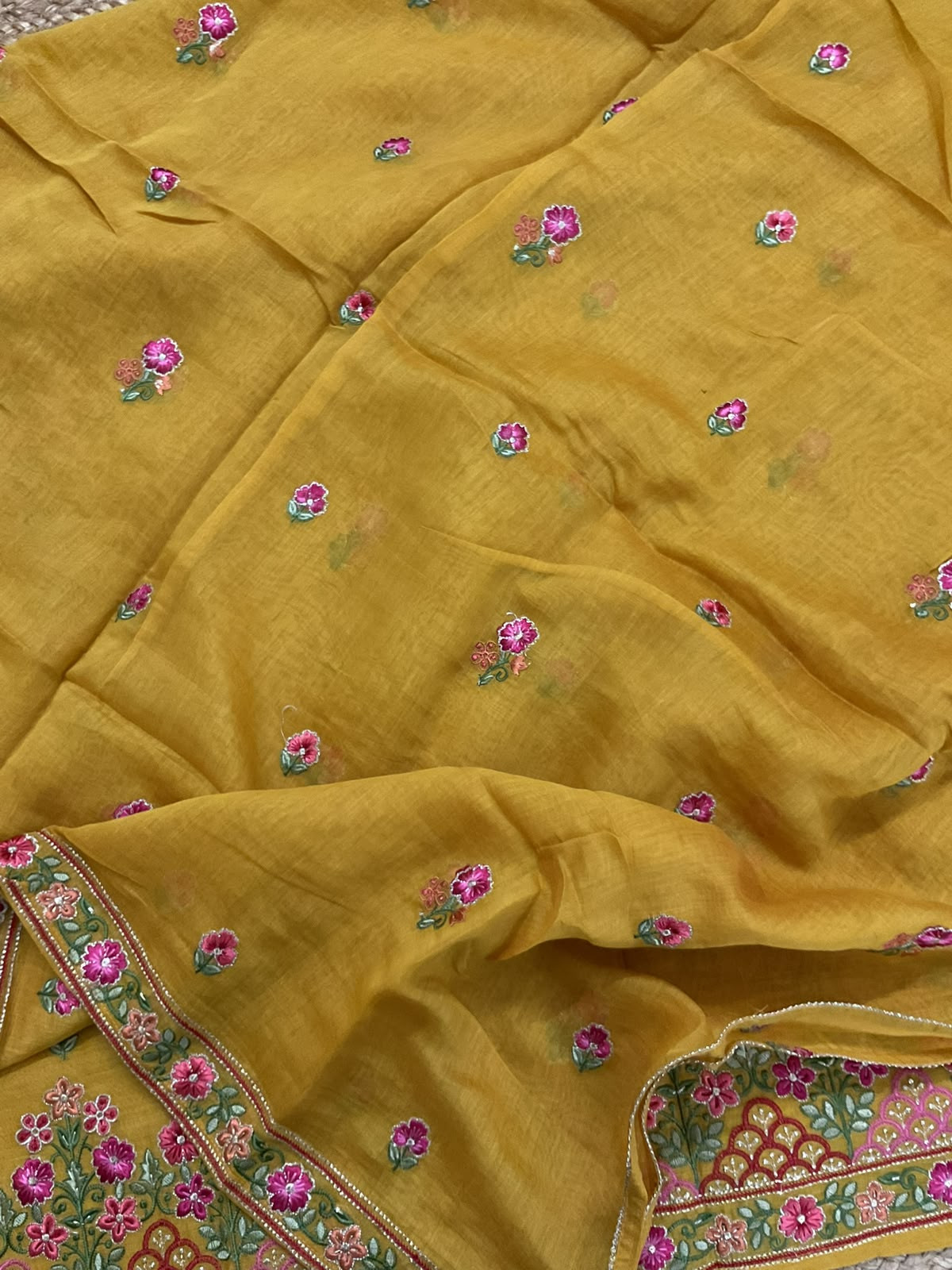 Pure Mul Chanderi Printed Embroidered Suit - Yellow