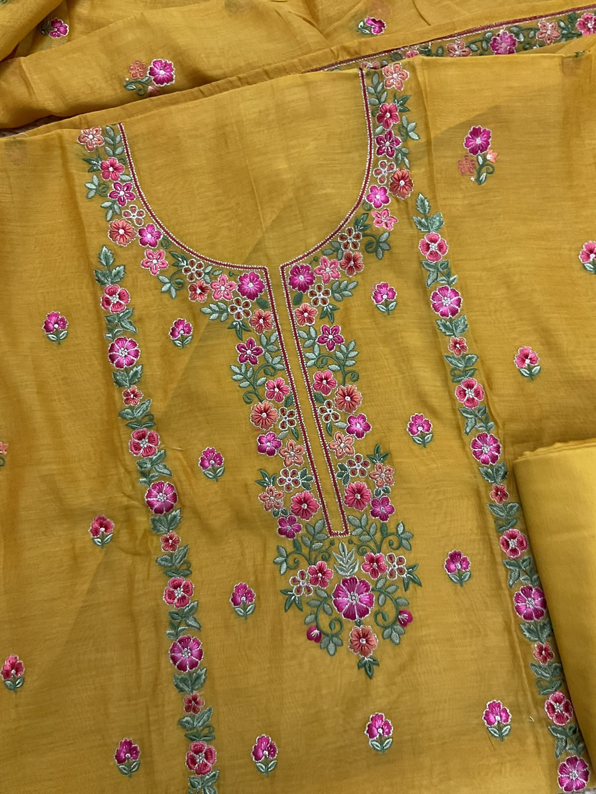 Pure Mul Chanderi Printed Embroidered Suit - Yellow