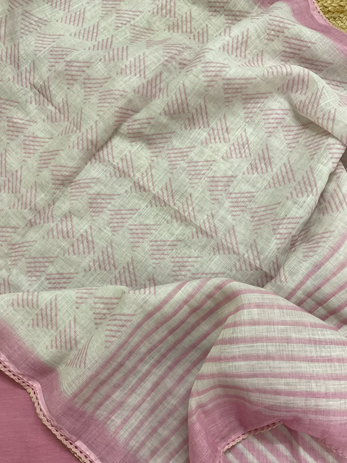 Soft Linen Jute Cotton Printed Embroidered Suit - Pink