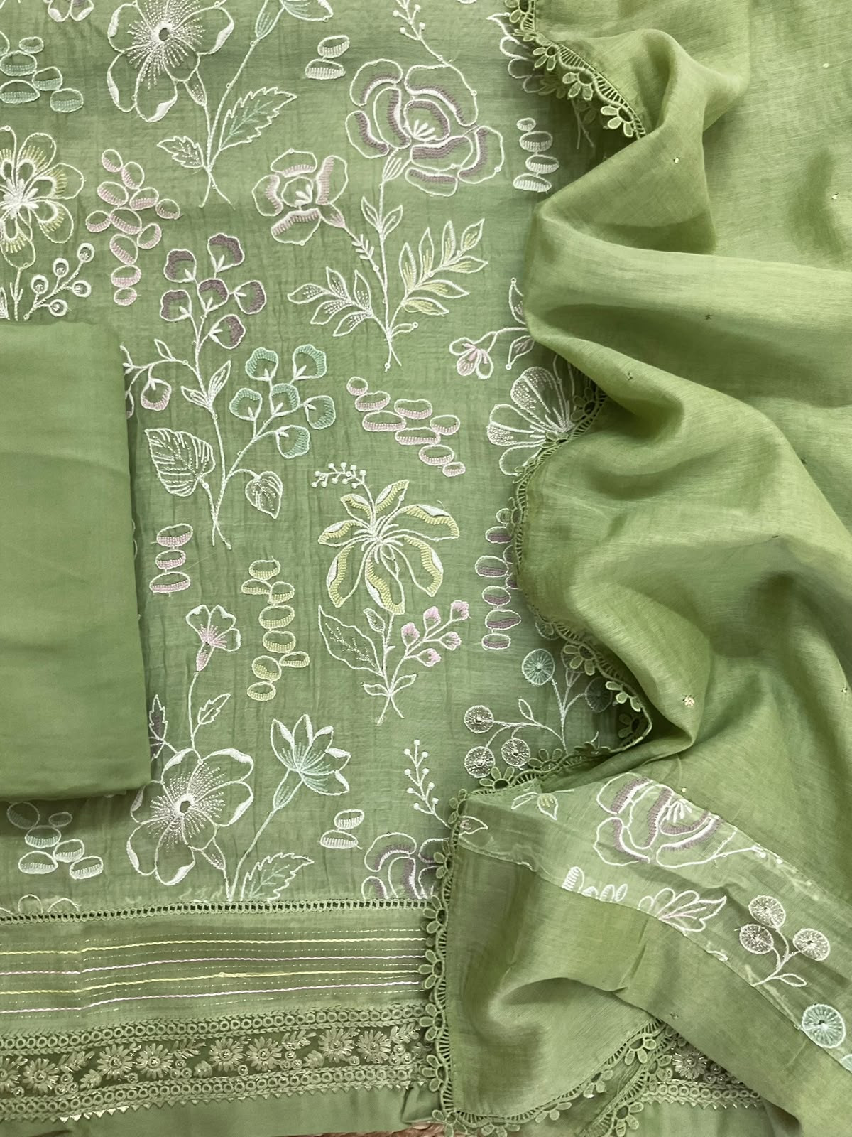 Pure Mul Chanderi Embroidered Suit - Green