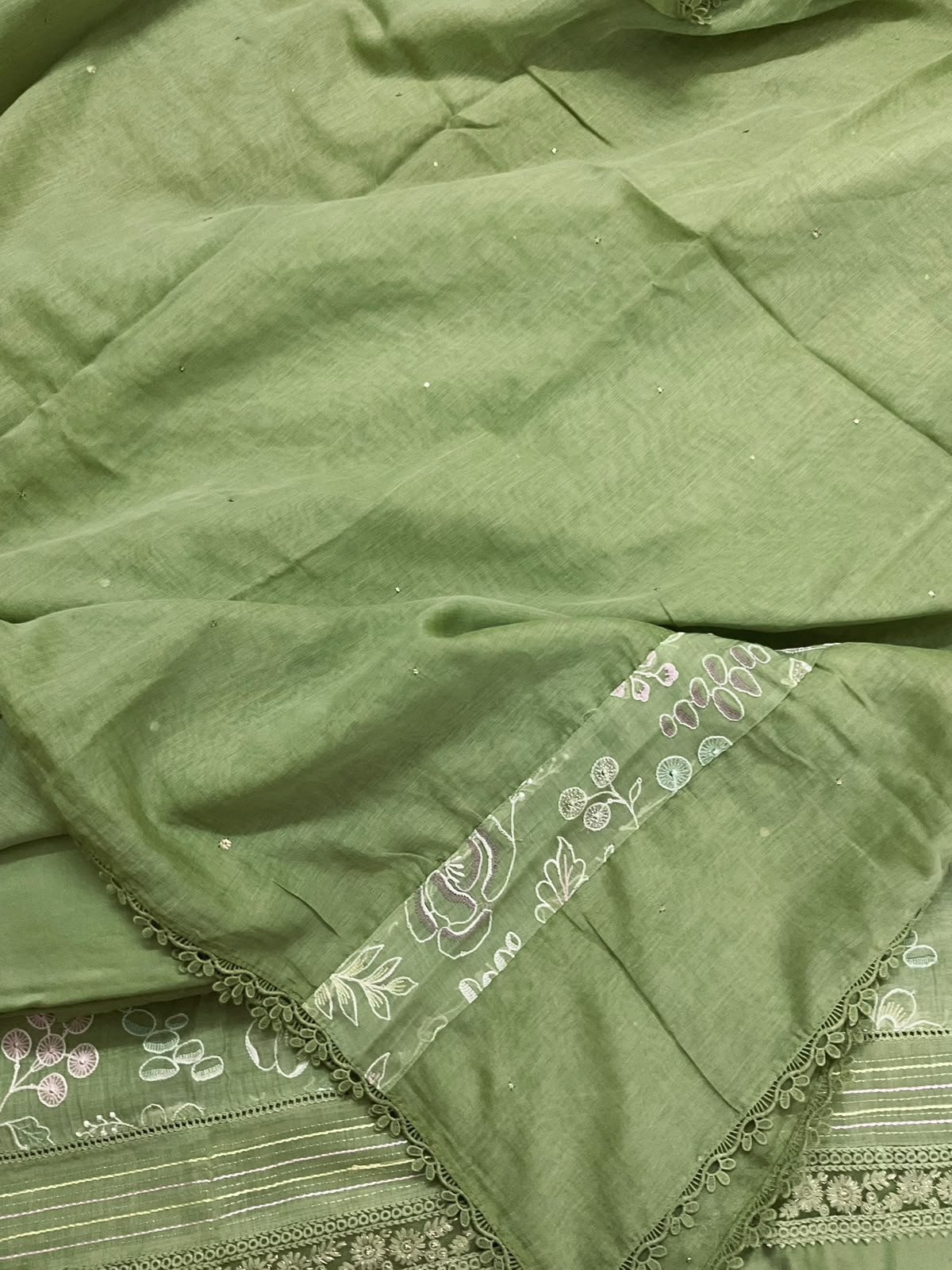 Pure Mul Chanderi Embroidered Suit - Green