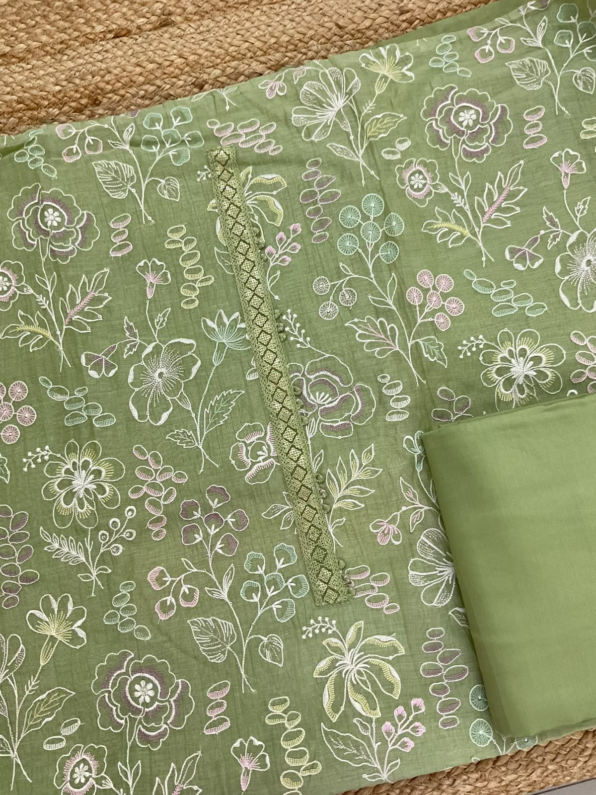 Pure Mul Chanderi Embroidered Suit - Green