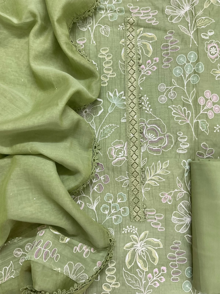 Image of Pure Mul Chanderi Embroidered Suit - Green
