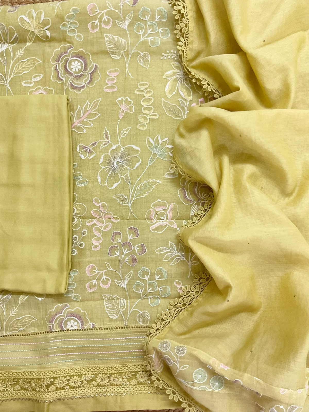 Pure Mul Chanderi Embroidered Suit - Yellow