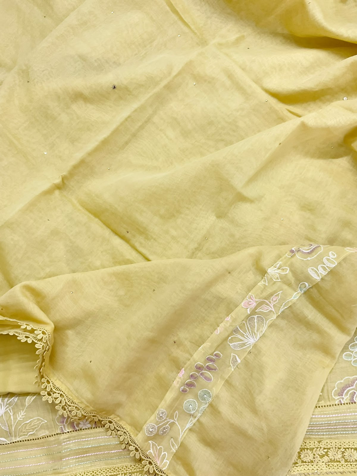 Pure Mul Chanderi Embroidered Suit - Yellow