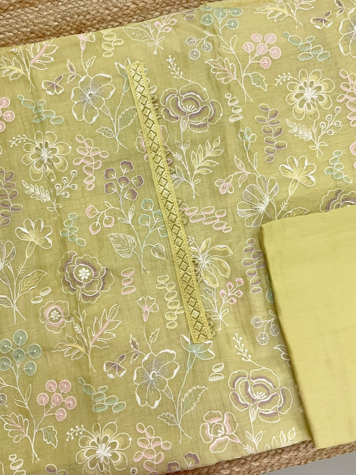 Pure Mul Chanderi Embroidered Suit - Yellow