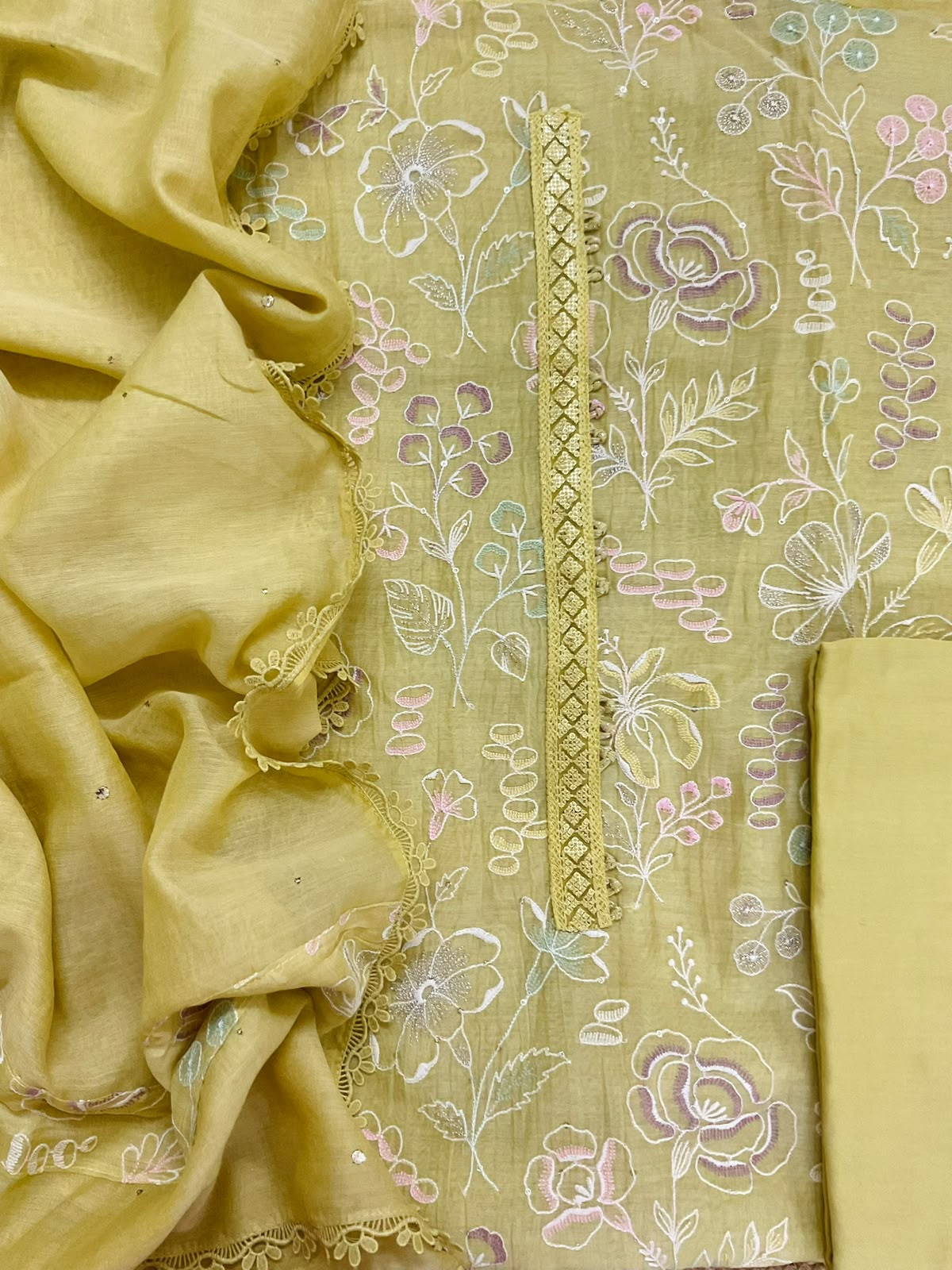 Pure Mul Chanderi Embroidered Suit - Yellow