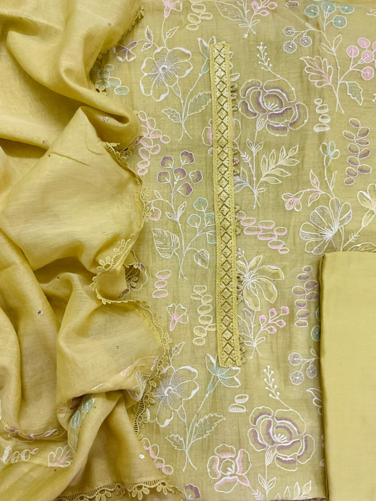 Image of Pure Mul Chanderi Embroidered Suit - Yellow