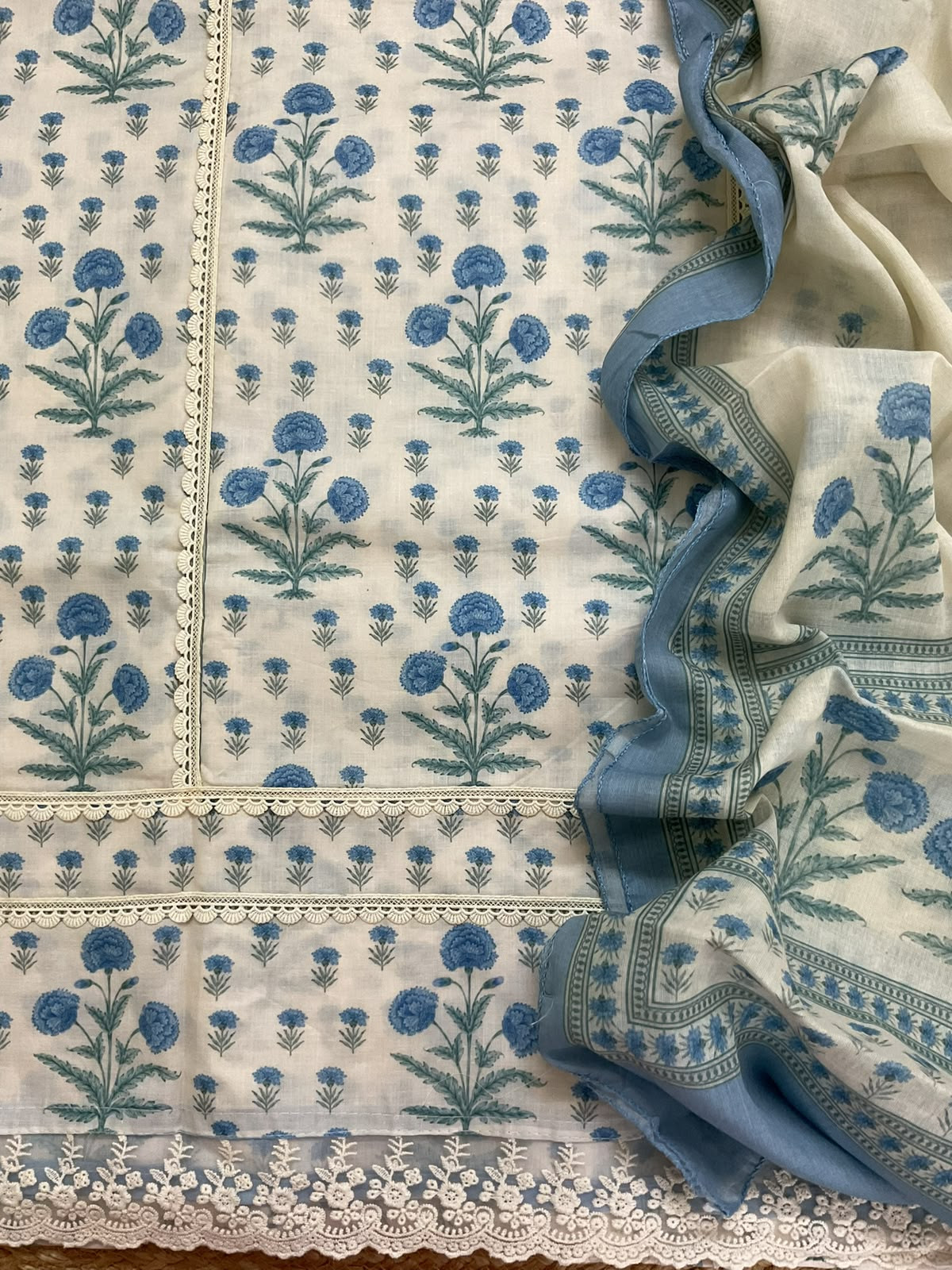 Pure Cotton Printed Embroidered Suit - Cream