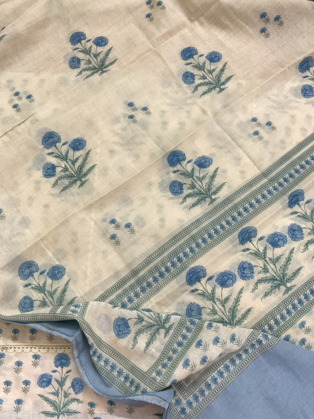 Pure Cotton Printed Embroidered Suit - Cream