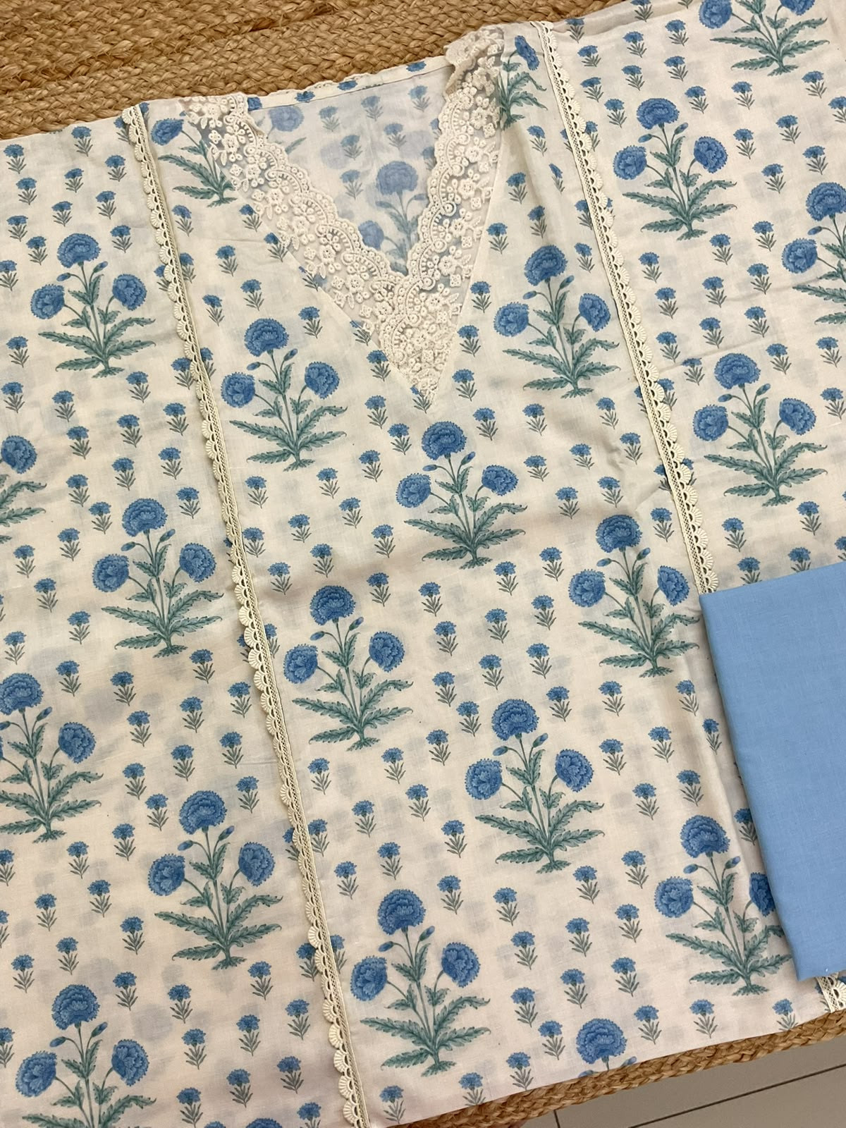 Pure Cotton Printed Embroidered Suit - Cream