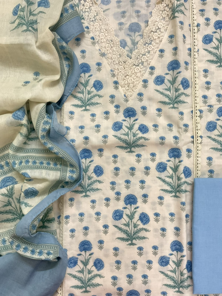 Image of Pure Cotton Printed Embroidered Suit - Cream