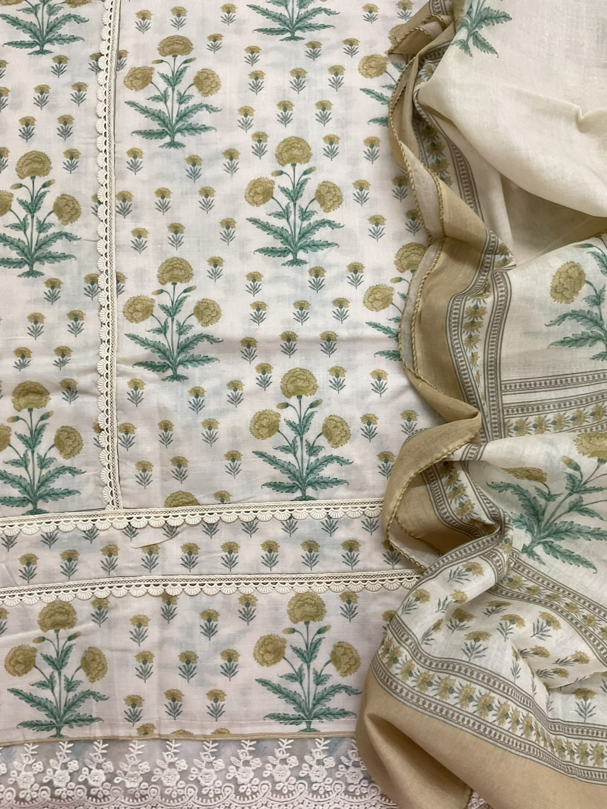 Pure Cotton Printed Embroidered Suit - Cream