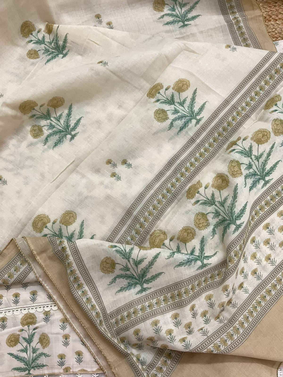 Pure Cotton Printed Embroidered Suit - Cream