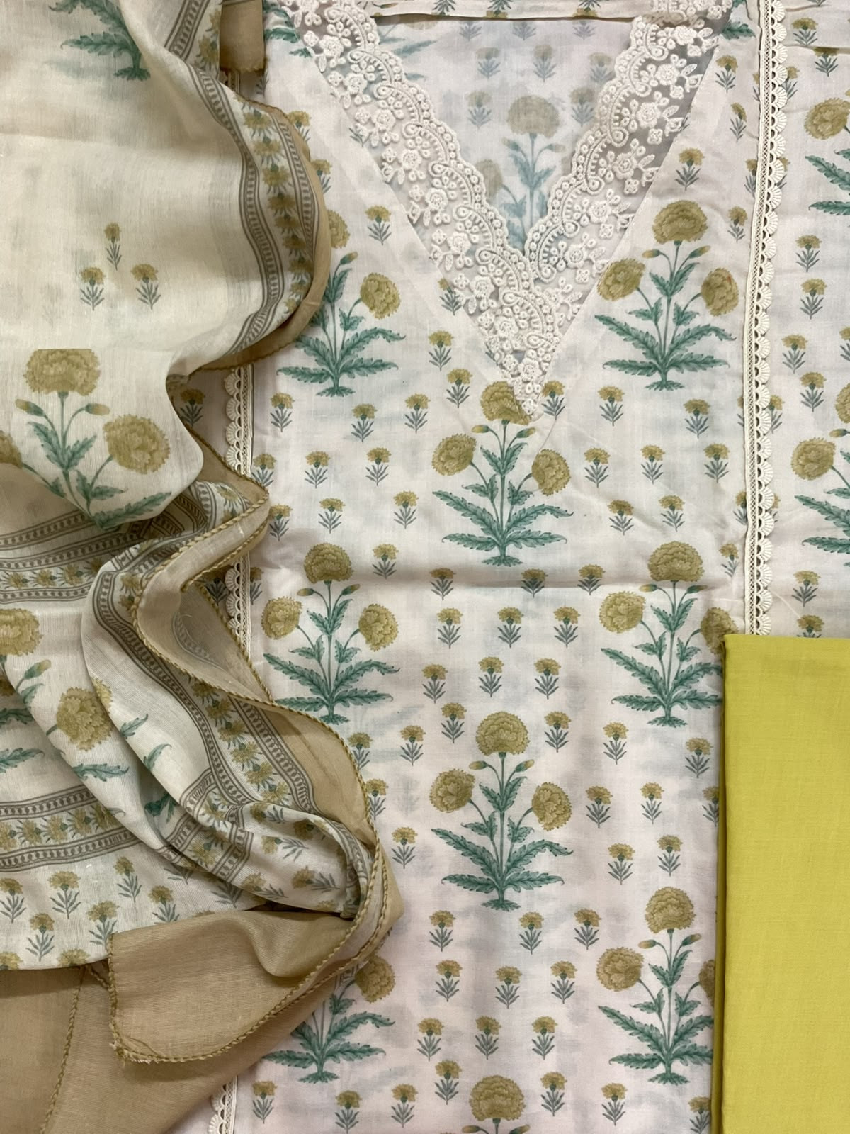 Pure Cotton Printed Embroidered Suit - Cream